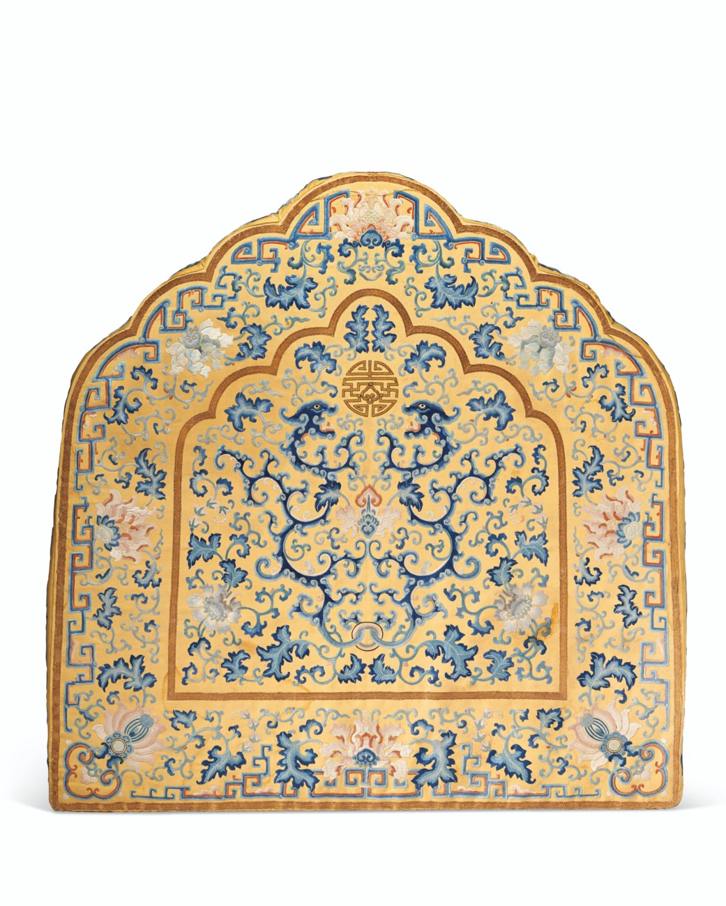 AN IMPERIAL EMBROIDERED YELLOW SILK CUSHION COVER, 19TH CENTURY