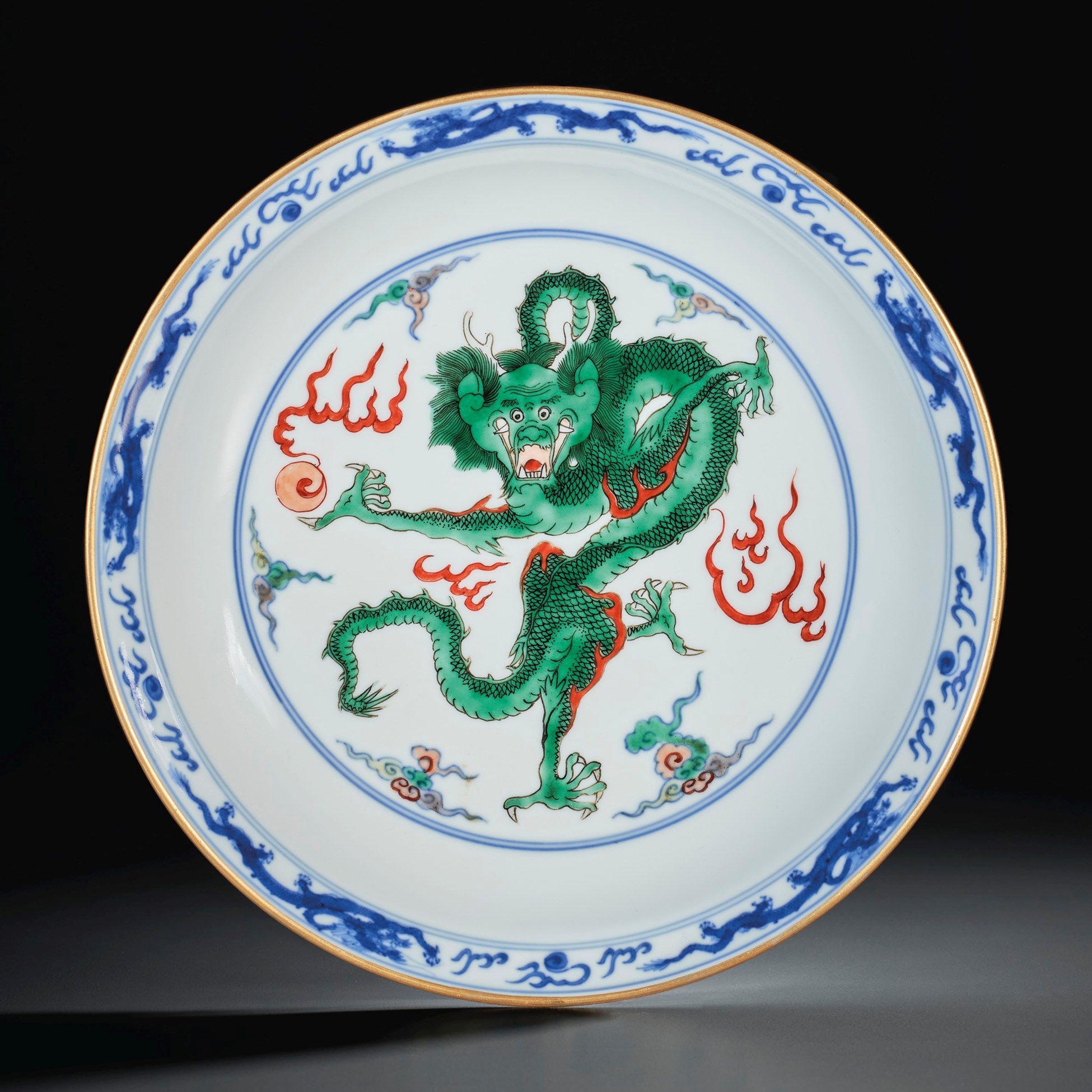 A RARE WUCAI `DRAGON AND PHOENIX' DISH, YONGZHENG SIX-CHARACTER MARK IN ...
