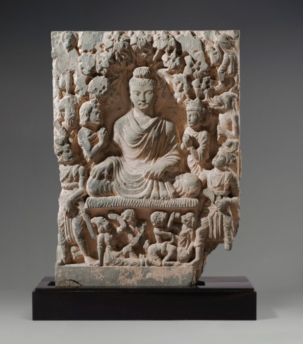 A LARGE GRAY SCHIST RELIEF DEPICTING BUDDHA SHAKYAMUNI, ANCIENT REGION ...