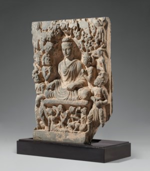 A LARGE GRAY SCHIST RELIEF DEPICTING BUDDHA SHAKYAMUNI, ANCIENT REGION ...