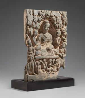 A LARGE GRAY SCHIST RELIEF DEPICTING BUDDHA SHAKYAMUNI, ANCIENT REGION ...