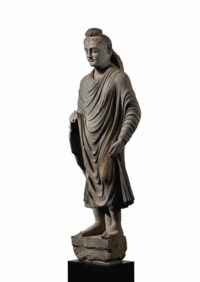 A MAGNIFICENT AND MONUMENTAL GRAY SCHIST FIGURE OF BUDDHA SHAKYAMUNI ...