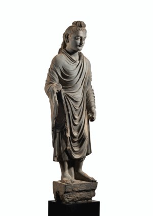 A MAGNIFICENT AND MONUMENTAL GRAY SCHIST FIGURE OF BUDDHA SHAKYAMUNI ...