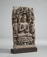 A RARE GRAY SCHIST RELIEF TRIAD OF BUDDHA SHAKYAMUNI FLANKED BY ...