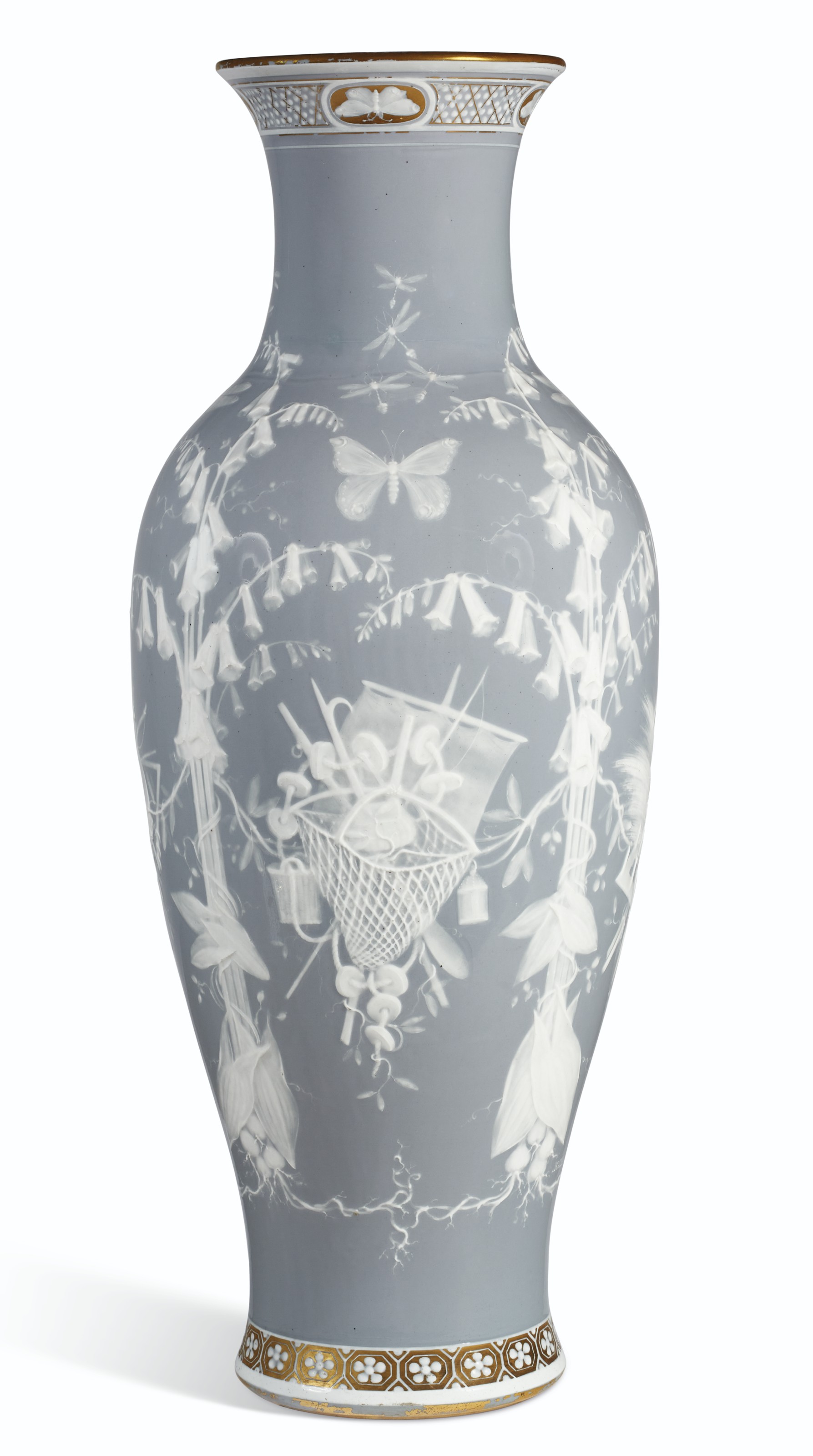 A large S&egrave;vres (Napoleon III) porcelain p&acirc;te d&rsquo;application lavender-grey ground vase, 1857. Sold for $32,500 on 8 April 2021 at Christie&rsquo;s Online