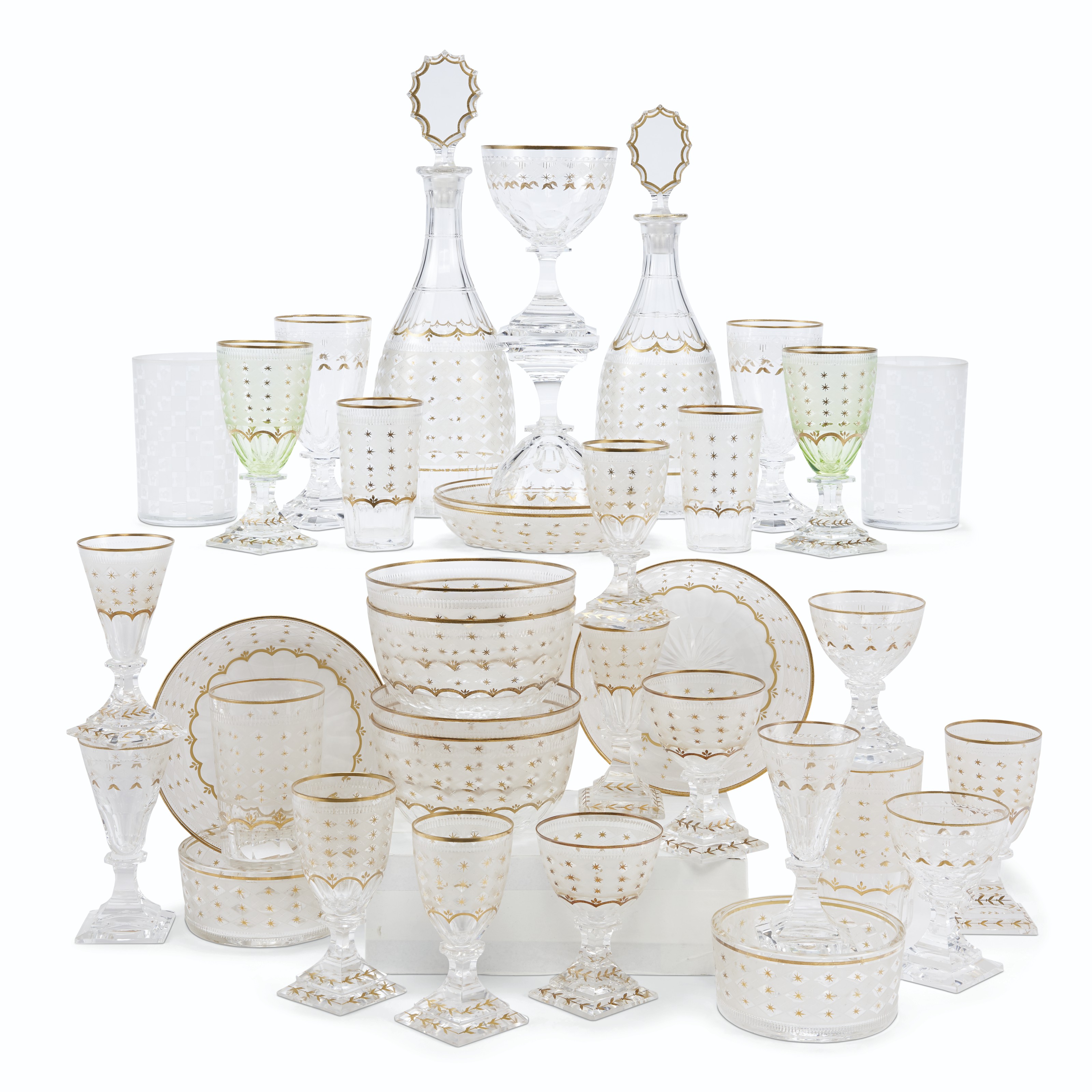 AN ASSEMBLED KOSTA CLEAR AND GREEN ETCHED AND CUTGLASS PART STEMWARE