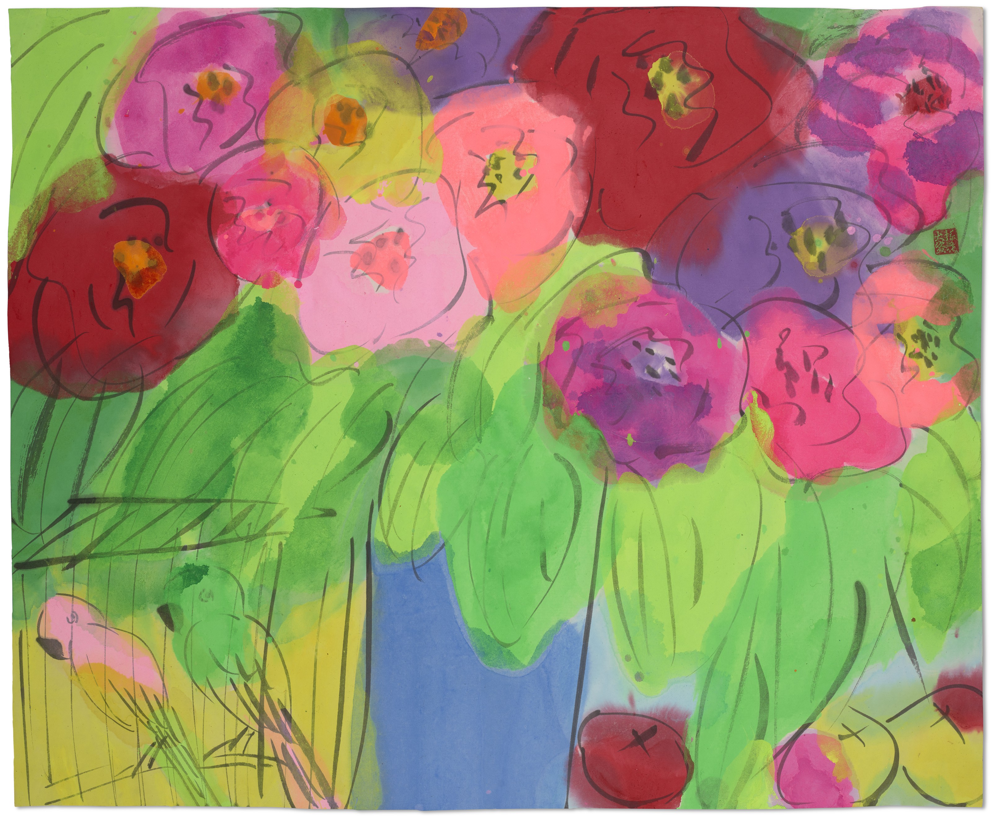 Walasse Ting (1928-2010), Untitled (Flower - Bouquet and Parrots),&nbsp;circa 1990s. Ink and colour on rice paper. 48.5 x 59 cm (19⅛ x 23&frac14; in). Estimate: $2,000-3,000. Offered in&nbsp;Contemporary Art Asia, until 12 March 2021, Online