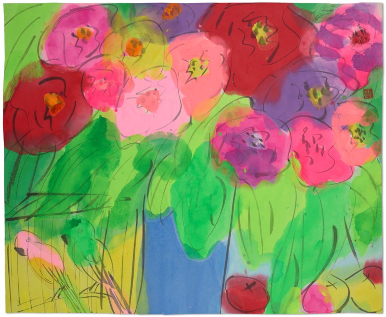 Walasse Ting (1928-2010), Untitled (Flower - Bouquet and Parrots), circa 1990s. Ink and colour on rice paper. 48.5 x 59 cm (19⅛ x 23¼ in). Estimate $2,000-3,000. Offered in Contemporary Art Asia, until 12 March 2021, Online