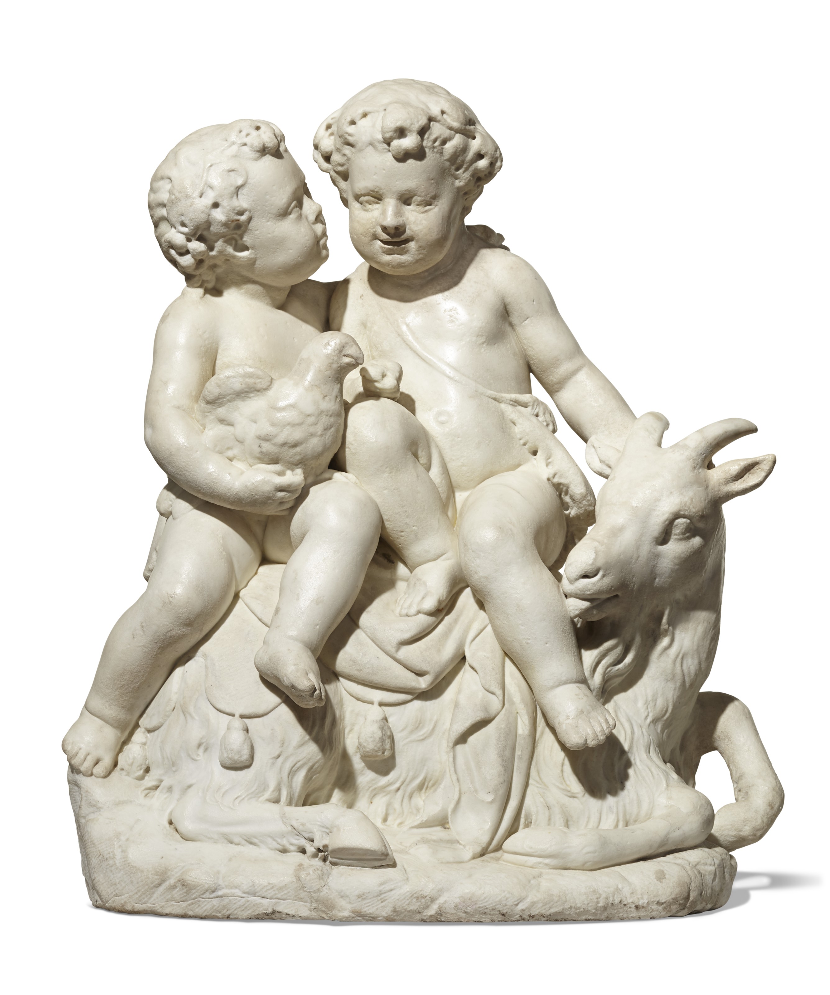 A FRENCH WHITE MARBLE FIGURAL GROUP OF TWO CHERUBS, 18TH/19TH CENTURY ...