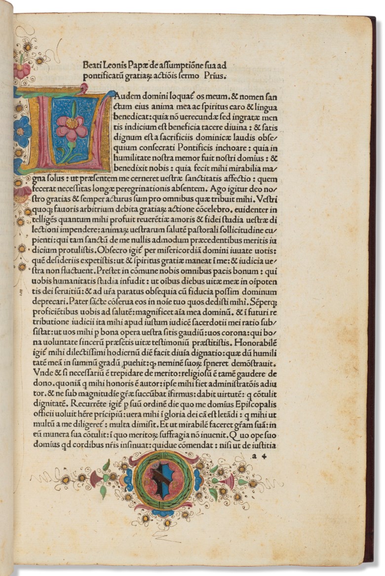 Pope Leo I (c. 400-461). Sermones. Venice Lucas Dominici Filius Venetus, 7 August 1482. Sold for $6,875 on 23 April 2021 at Christie’s in New York