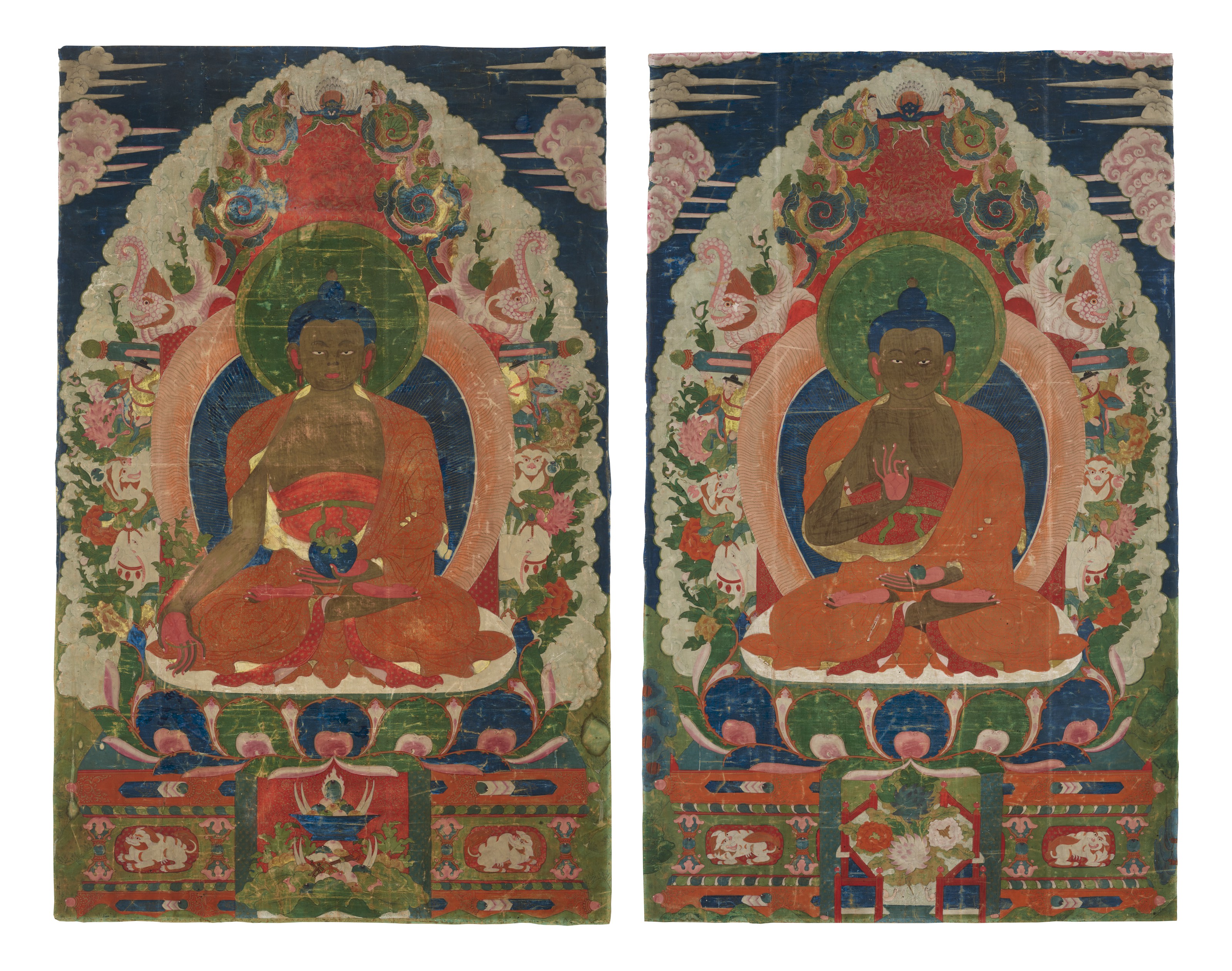 TWO LARGE PAINTINGS FROM A SET OF THE FIVE TATHAGATA BUDDHAS, TIBET OR ...