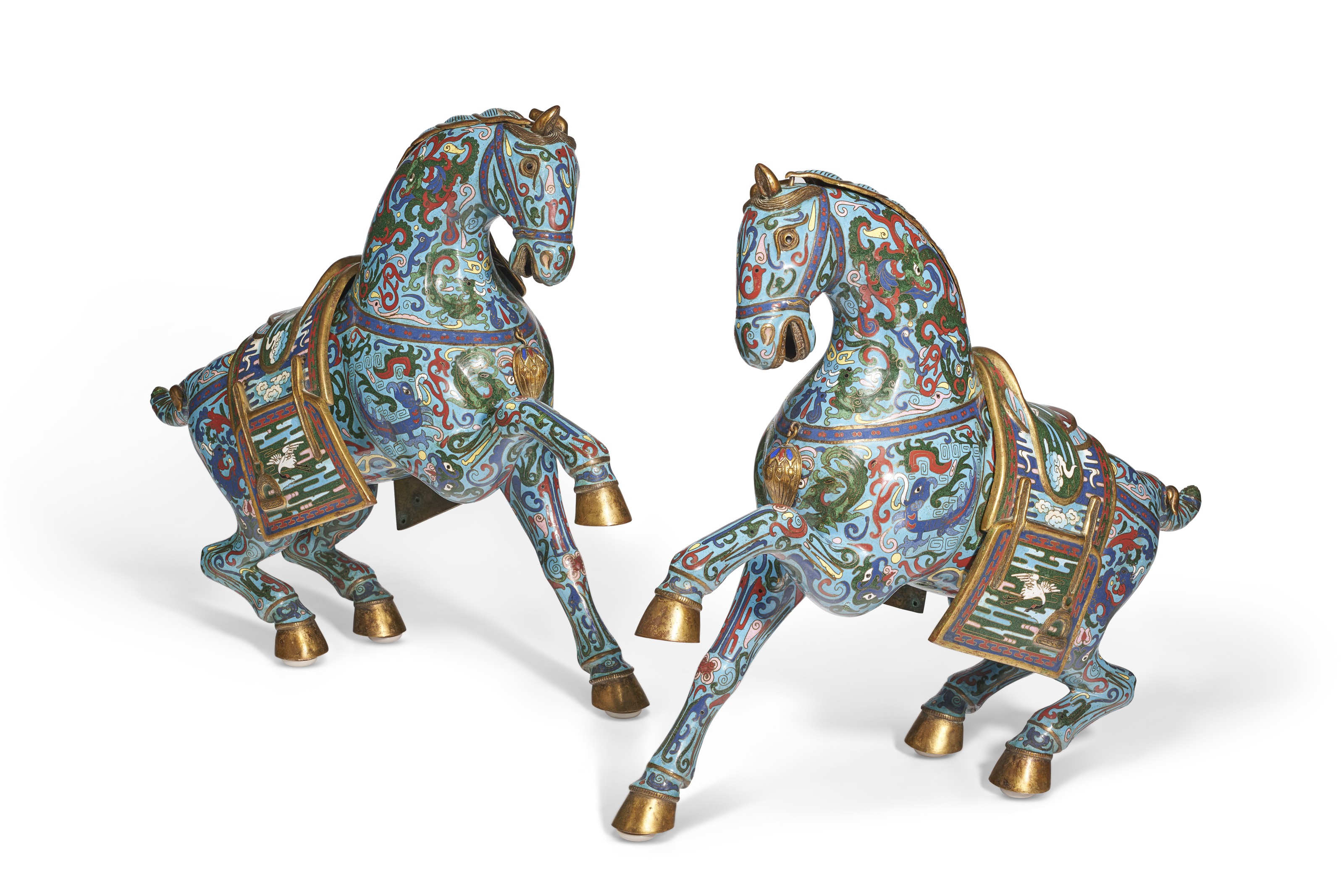 A PAIR OF CLOISONNÉ ENAMEL FIGURES OF PRANCING HORSES, 20TH