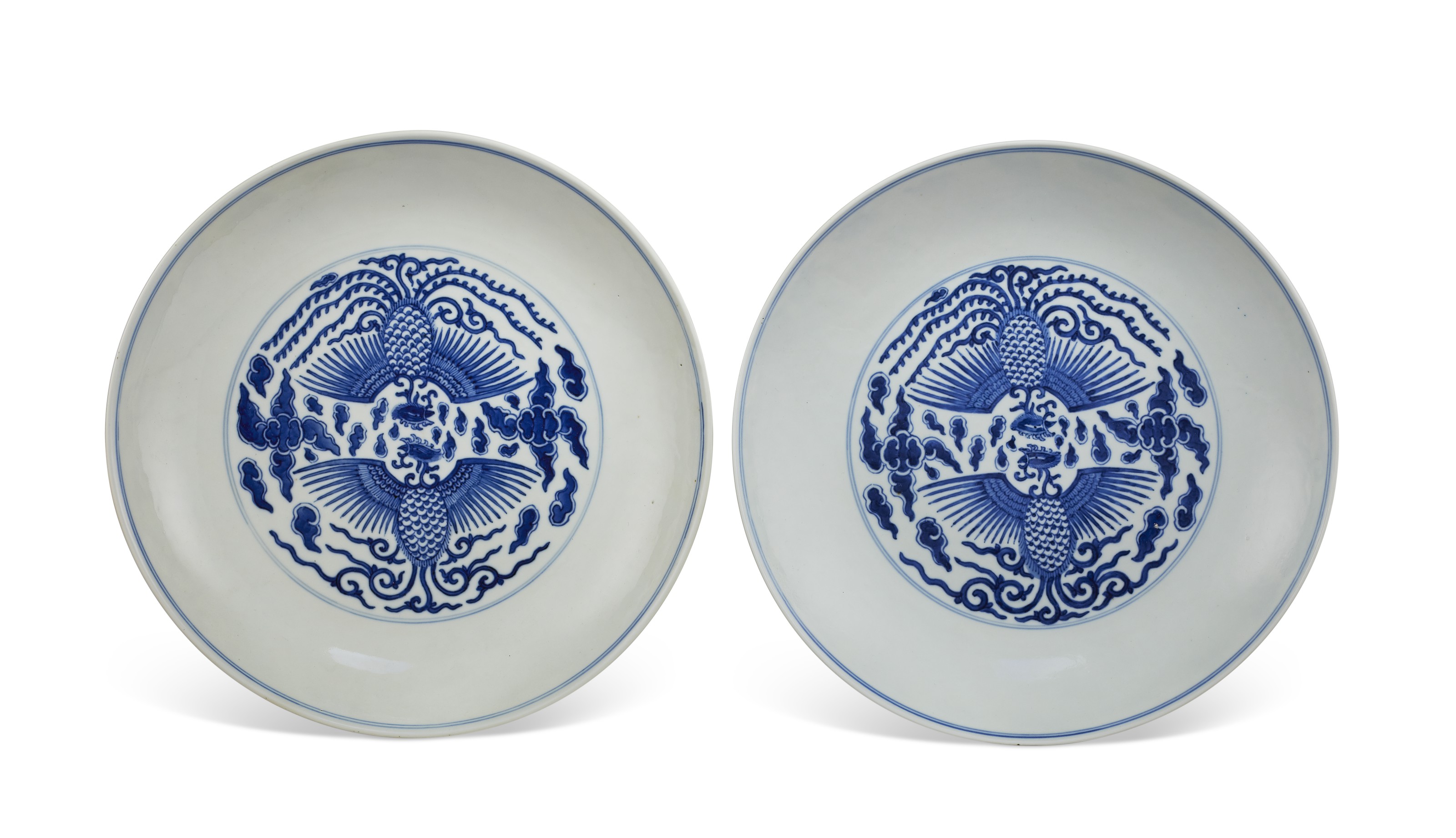 A PAIR OF BLUE AND WHITE `PHOENIX' DISHES, CHINA, TONGZHI SIXCHARACTER