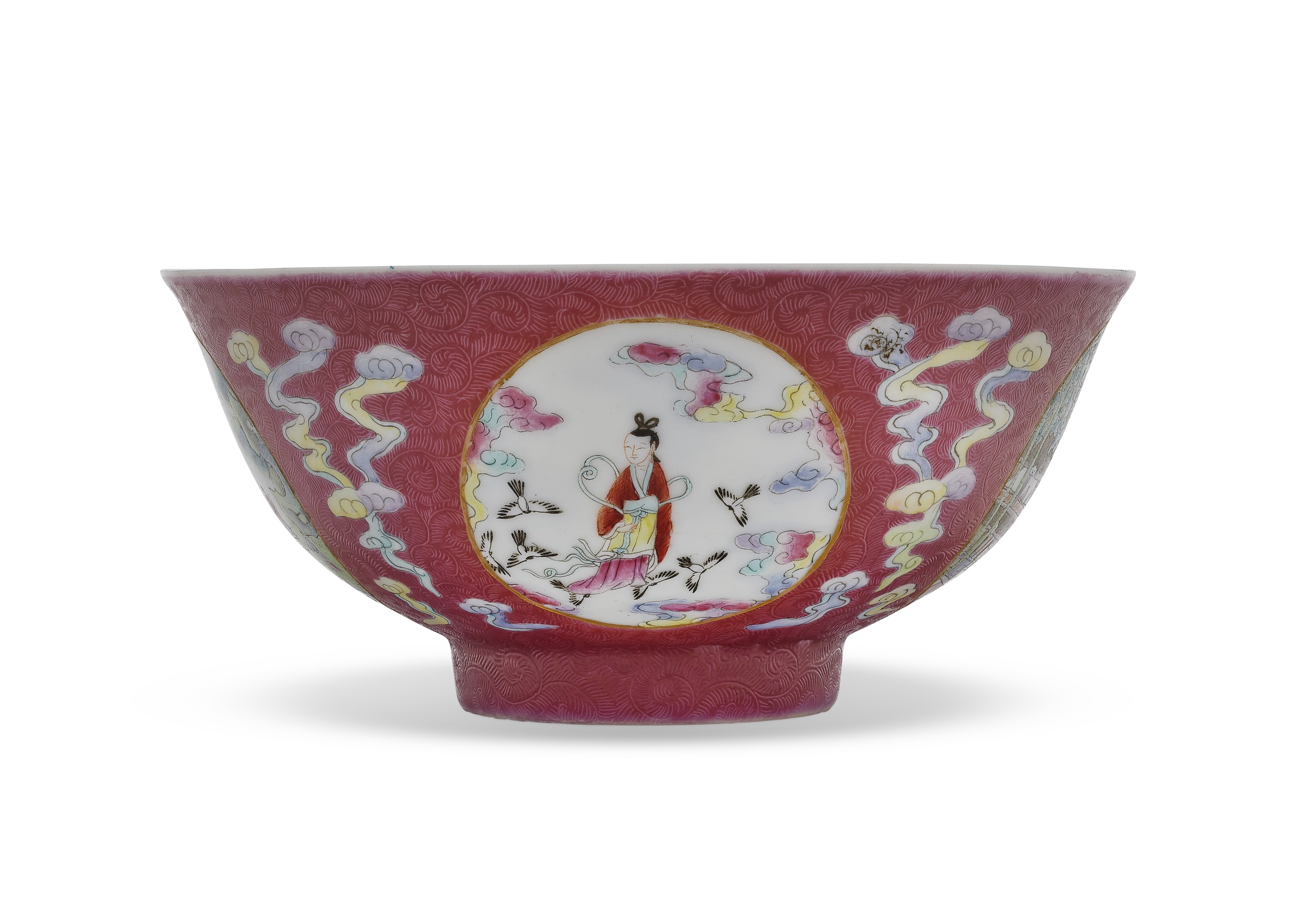 A FAMILLE ROSE RUBY-GROUND SGRAFFITO 'MEDALLION' BOWL, CHINA, LATE