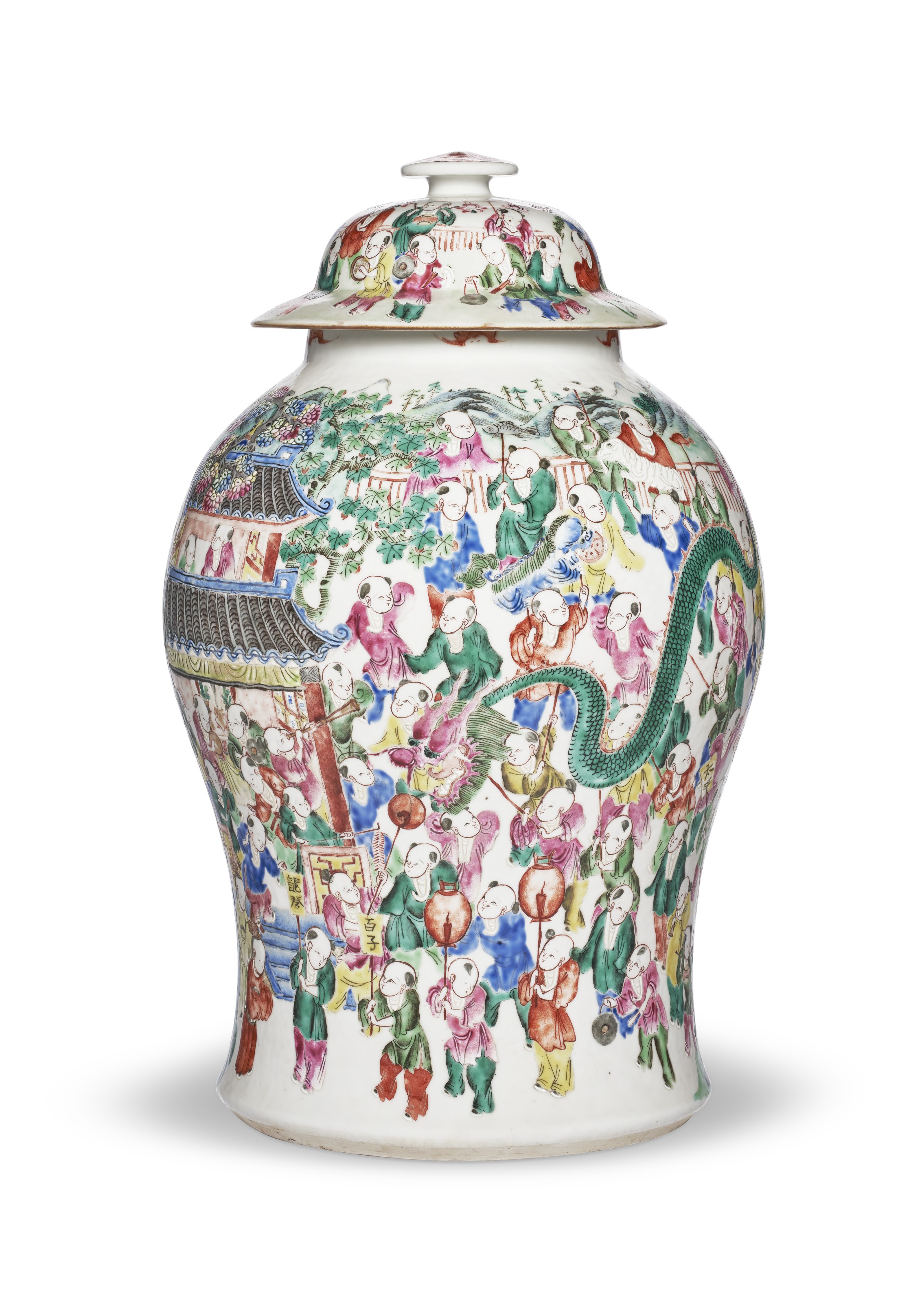 中国晚清粉彩百子闹春图大盖罐, CHINA, LATE QING DYNASTY | Christie's