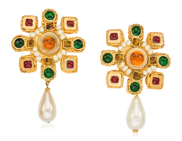 Chanel Gripoix Earrings with Faux White Glass Drop - AWL3671