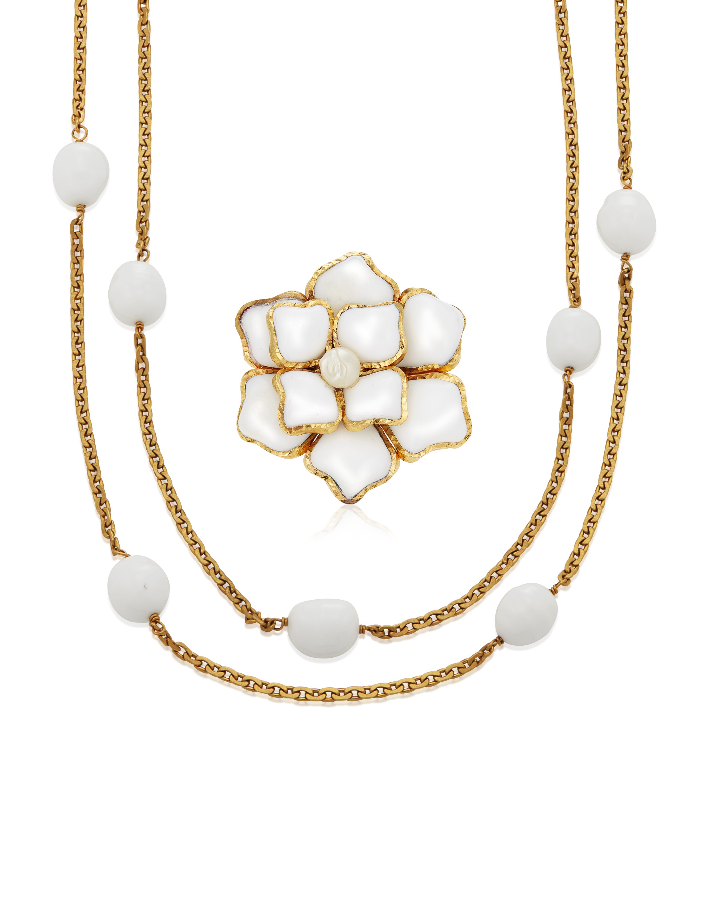 CHANEL WHITE GRIPOIX GLASS BROOCH AND UNSIGNED CHANEL GRIPOIX