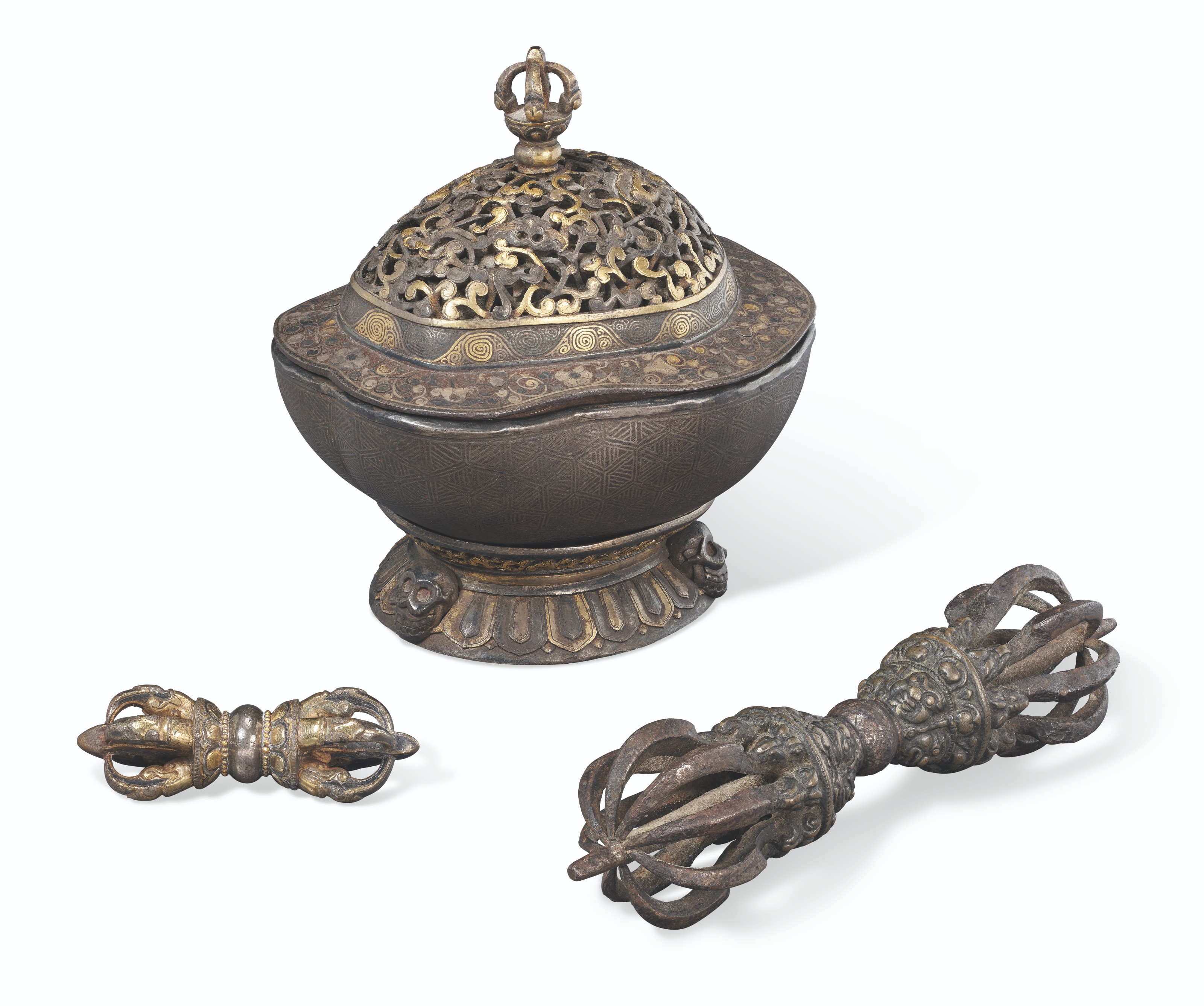 A GROUP OF THREE METALWORK BUDDHIST RITUAL ITEMS TIBET 14TH