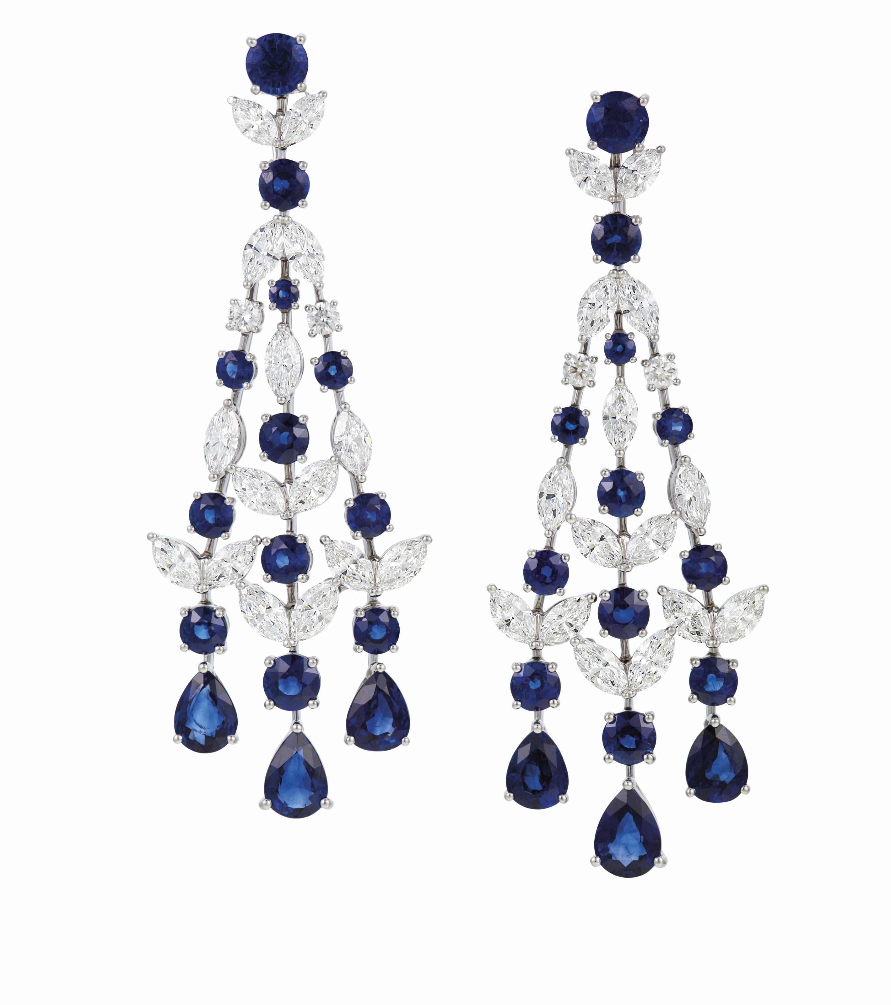 A pair of sapphire and diamond chandelier earrings, by Graff. Sold for $125,000 on 8 June 2021 at Christie&rsquo;s in New York