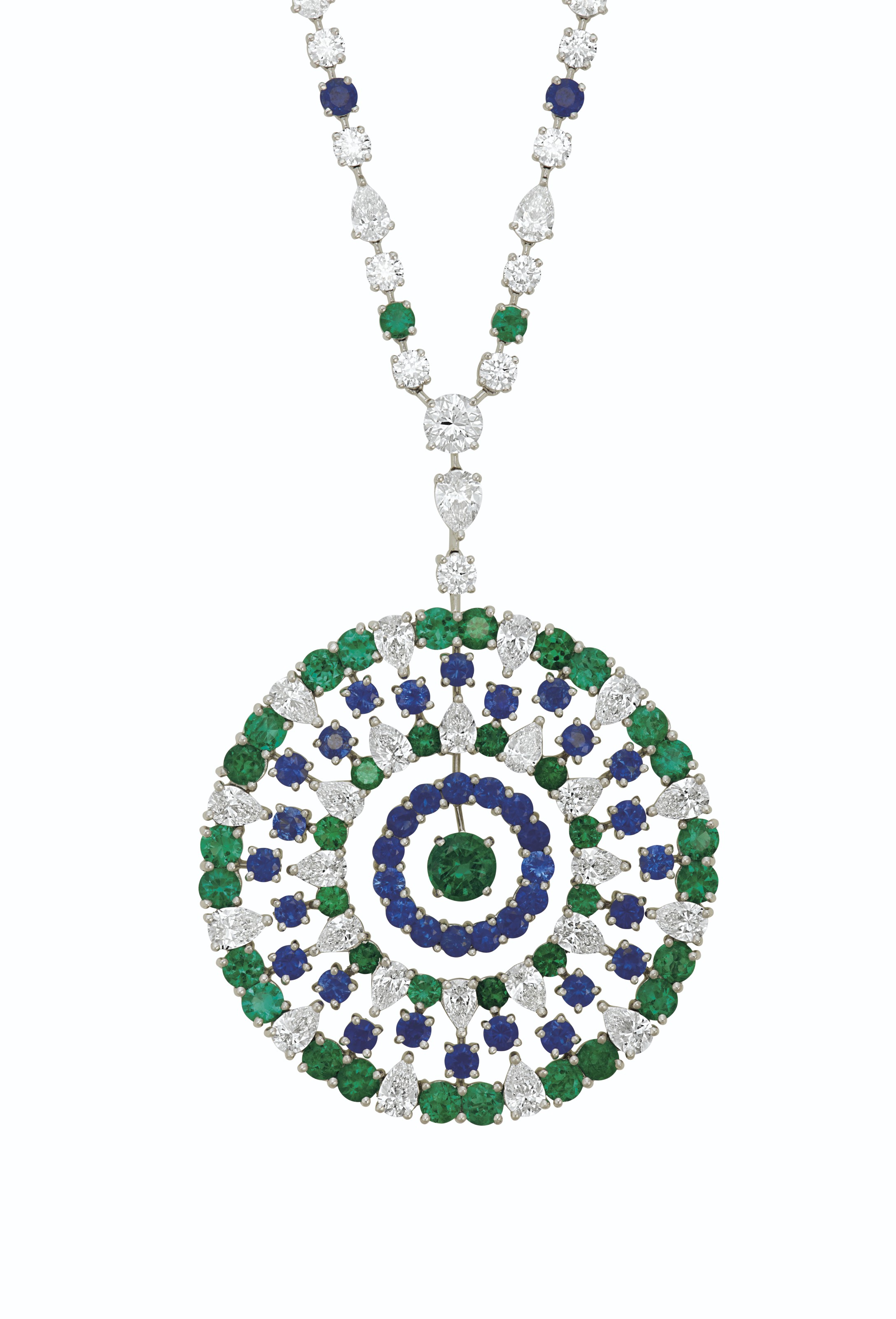 An emerald, sapphire and diamond medallion necklace, by Graff. Sold for $112,500 on 8 June 2021 at Christie&rsquo;s in New York