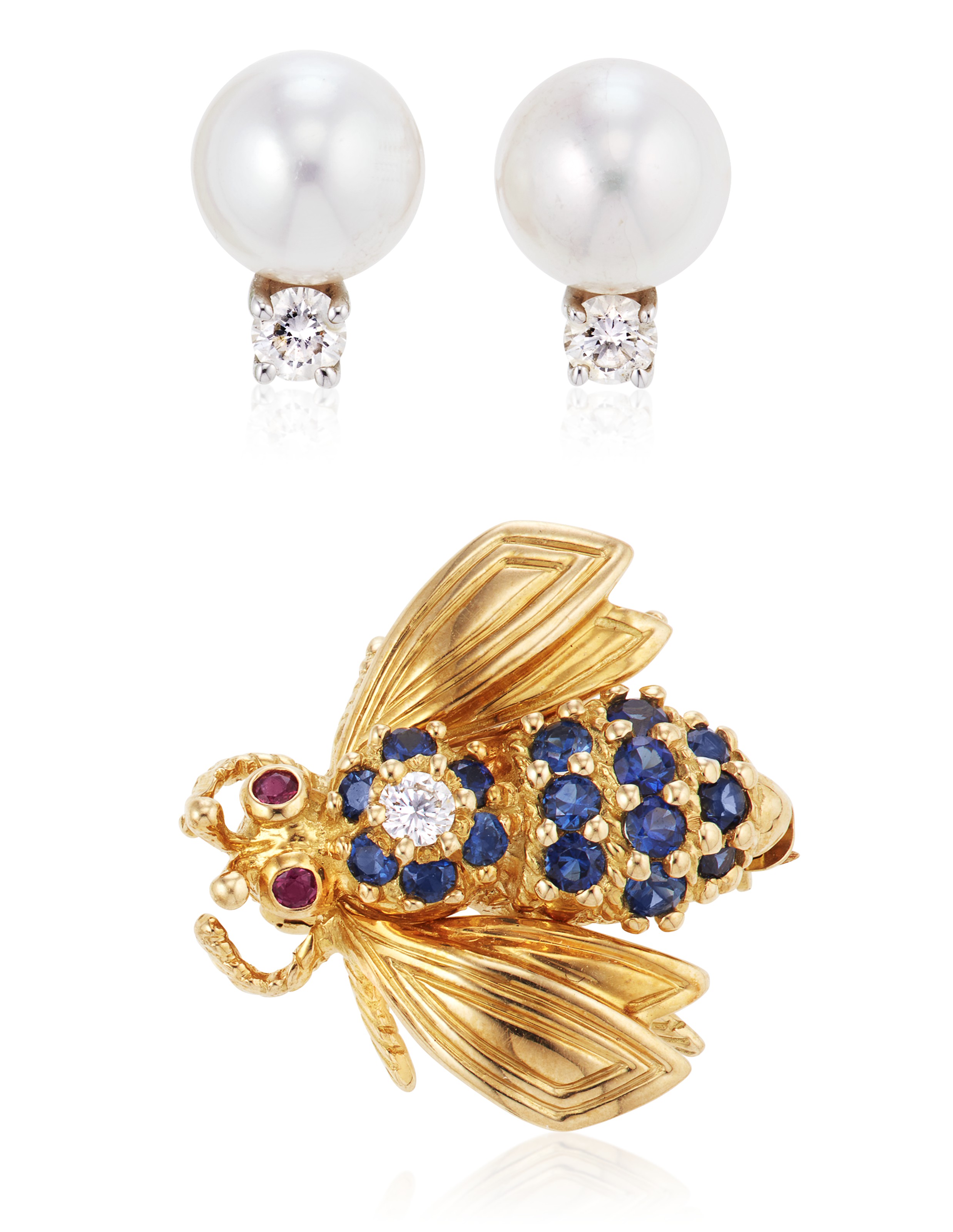TIFFANY CO. CULTURED PEARL AND DIAMOND EARRINGS AND BEE BROOCH