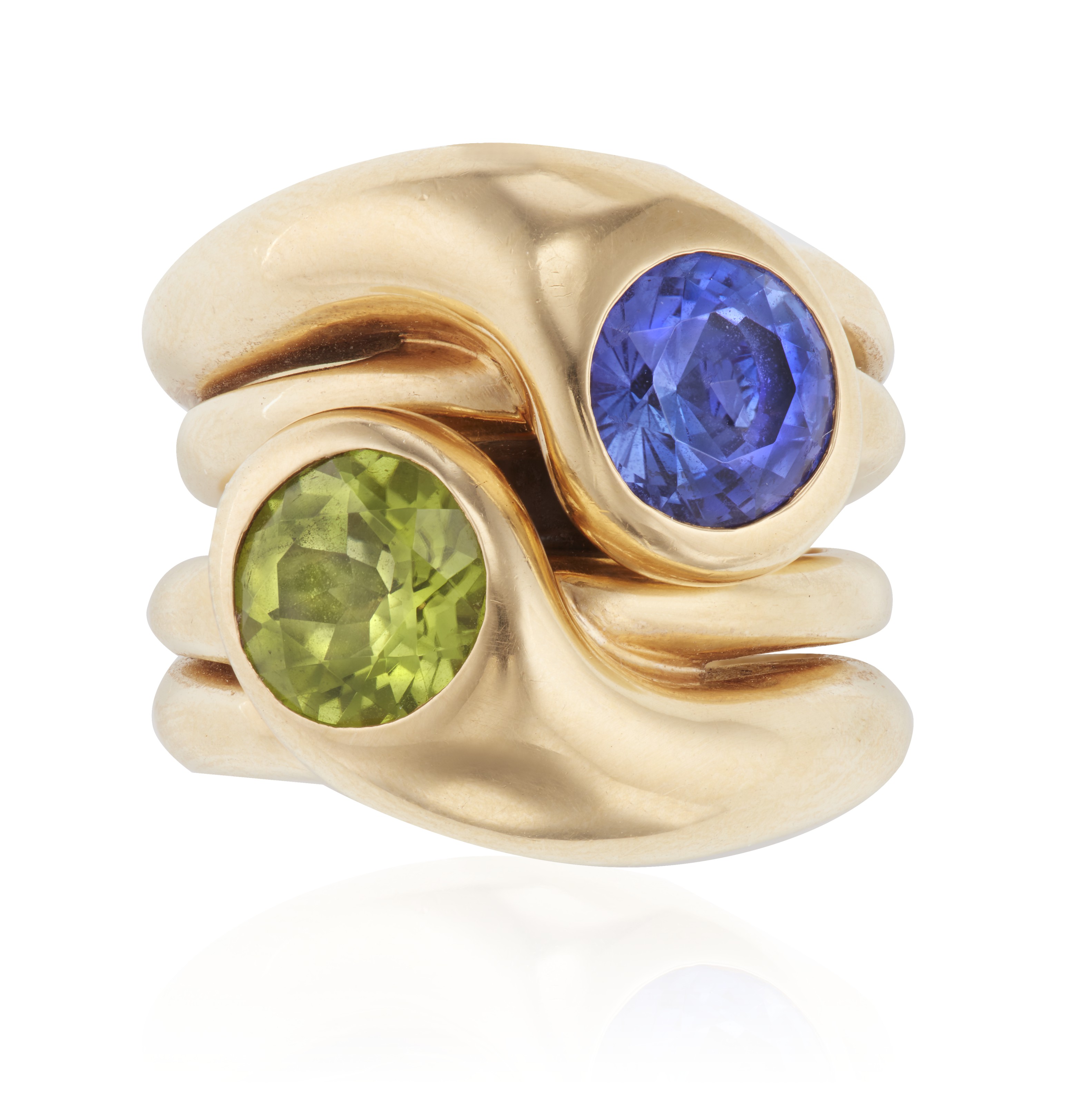 TWO RENÉ BOIVIN PERIDOT, TANZANITE AND GOLD NESTING RINGS, Christie’s