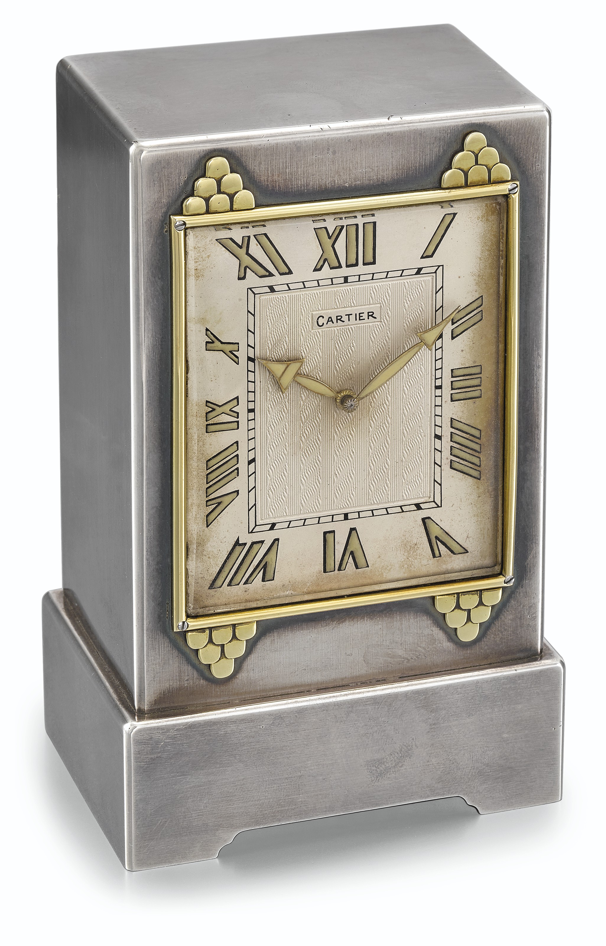 CARTIER, ART DECO SILVER AND GOLD, 8DAY GONG DESK CLOCK, Signed Cartier, European Watch & Clock