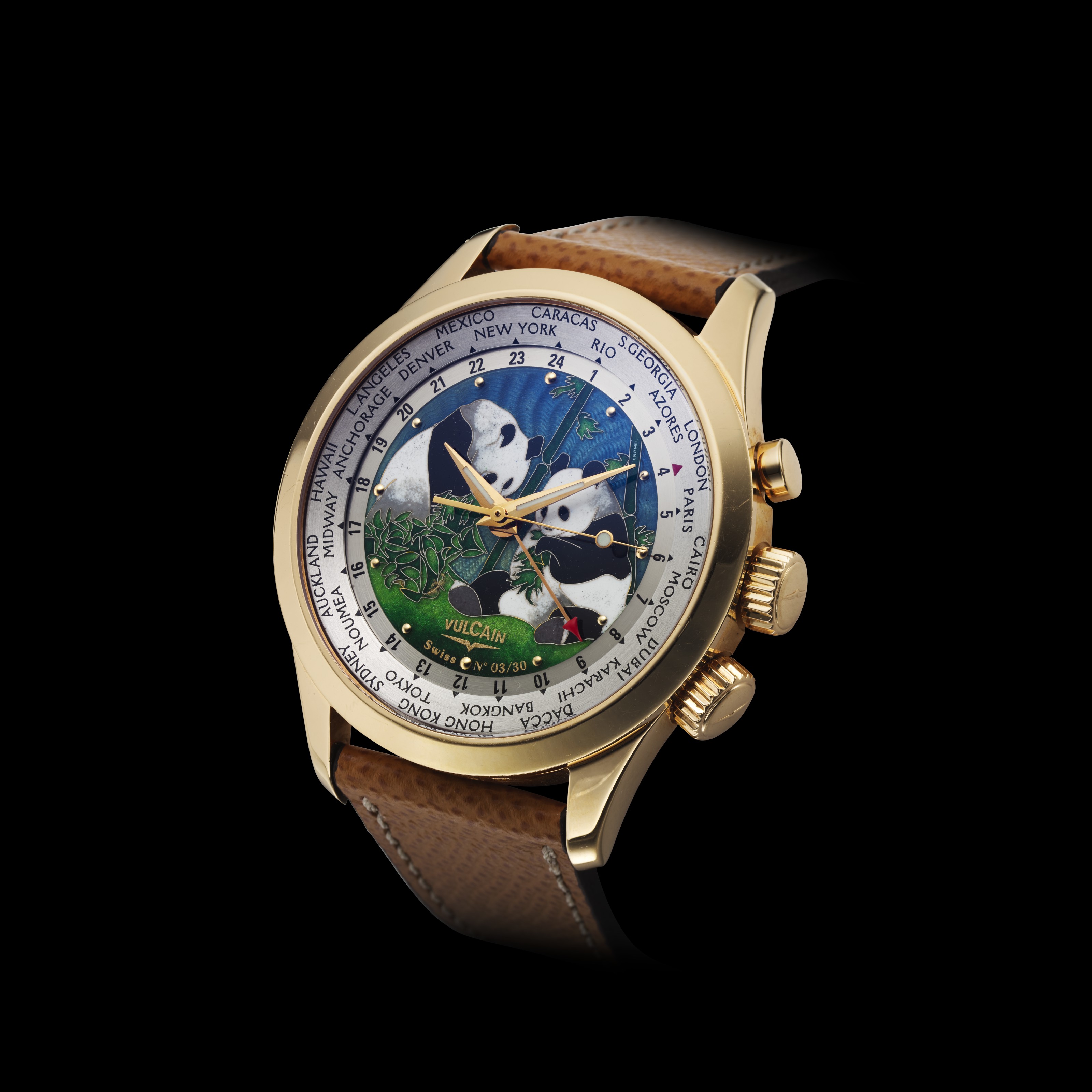 VULCAIN, 18K PINK GOLD, WORLD TIME, PANDA CLOISONNE DIAL, REF