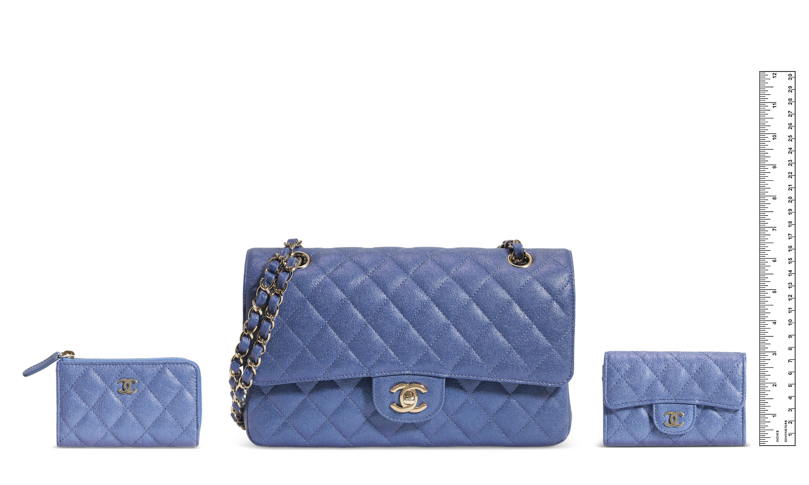 A BLUE IRIDESCENT LAMBSKIN LEATHER SMALL CLASSIC FLAP BAG A SET OF TWO CARD HOLDERS CHANEL 2019 Christie s