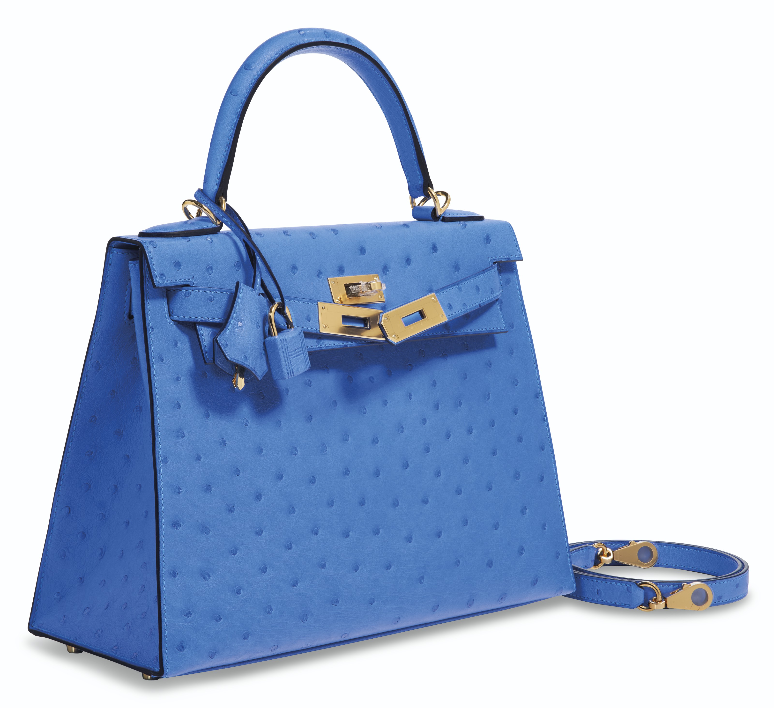A BLEUET OSTRICH SELLIER KELLY 28 WITH GOLD HARDWARE
