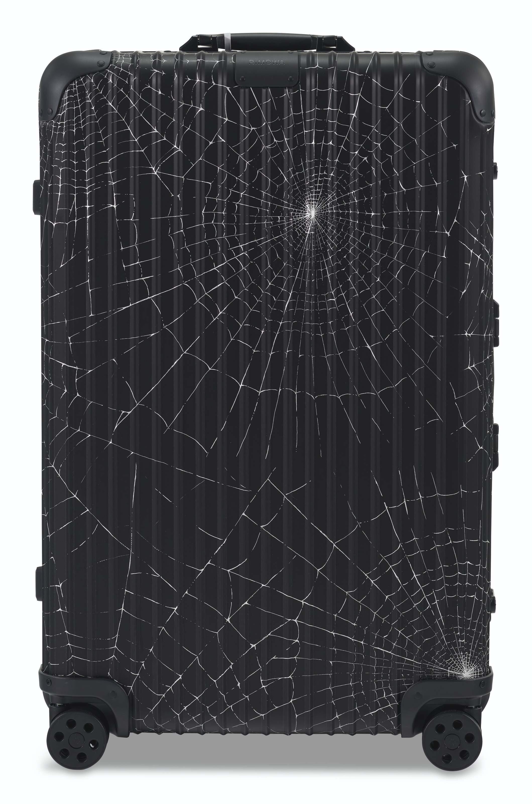 A LIMITED EDITION BLACK ALUMINUM SPIDERWEB CHECK-IN L SUITCASE