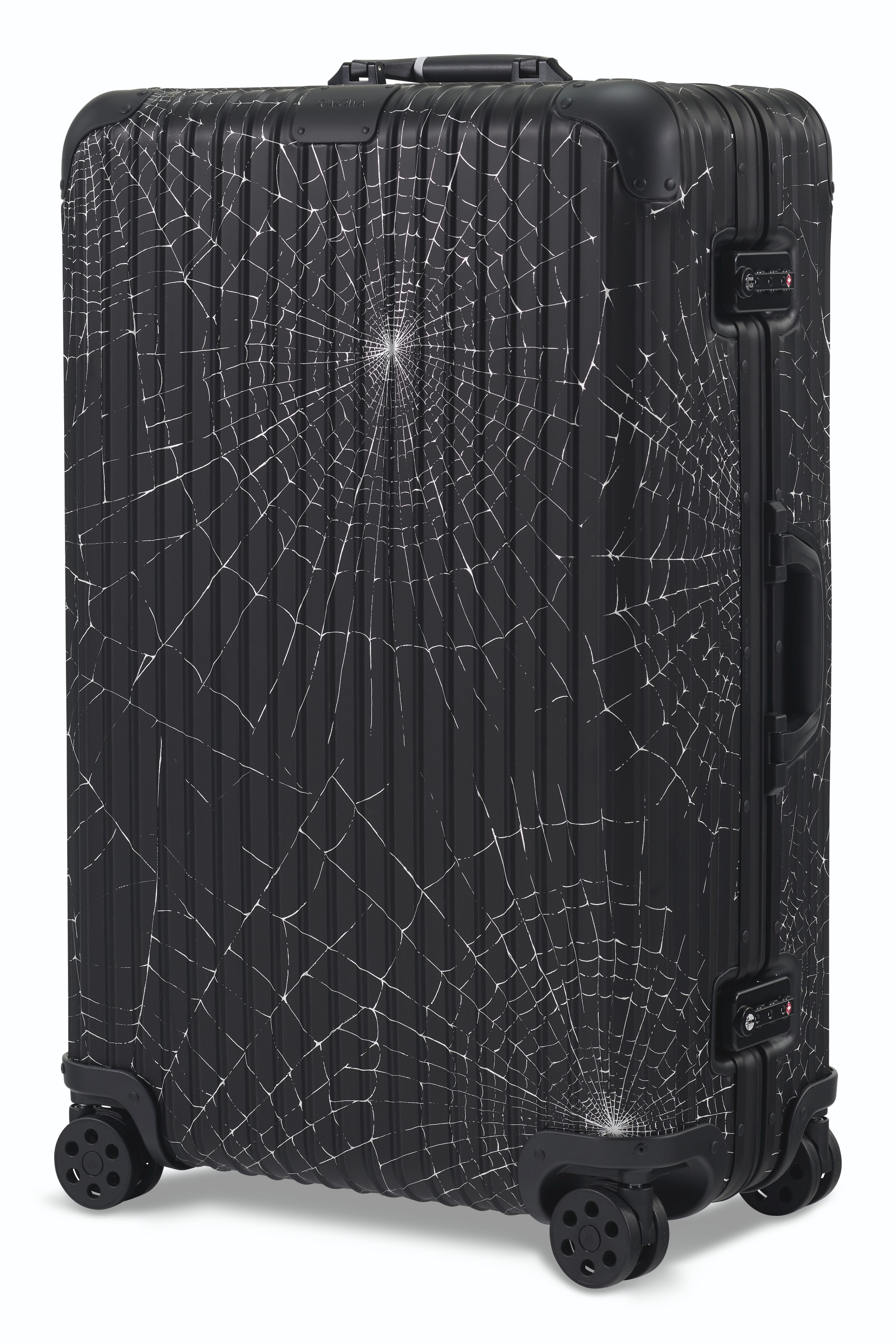 A LIMITED EDITION BLACK ALUMINUM SPIDERWEB CHECK-IN L SUITCASE