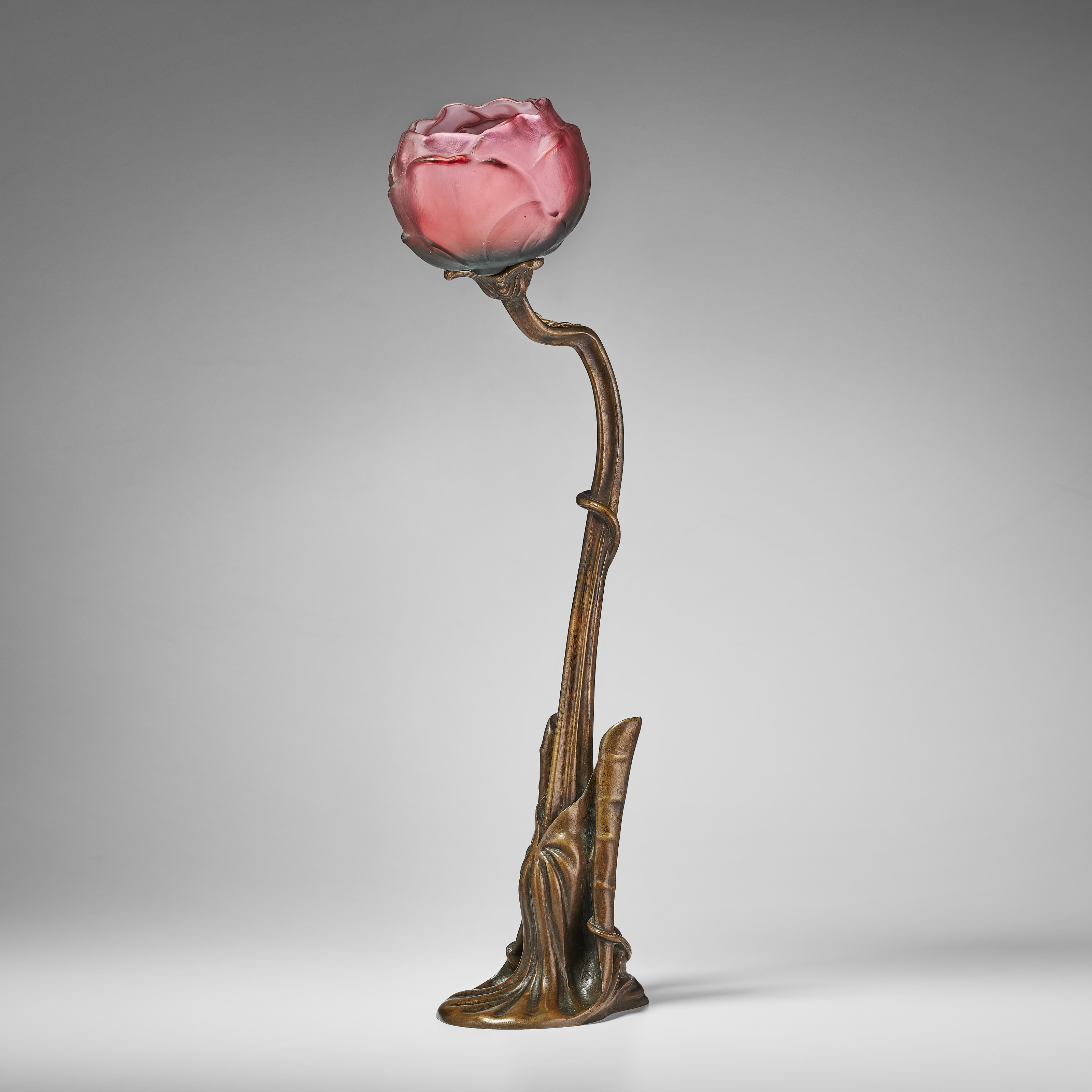 Louis Majorelle (1859-1926) and Daum, Rare &lsquo;N&eacute;nuphar&rsquo; table lamp, c. 1900. 23&frac12; in (59.7 cm) high, 5 in (12.7 cm) diameter of the shade. Sold for $200,000 in Design on 8 December 2021 at Christie&rsquo;s in New York