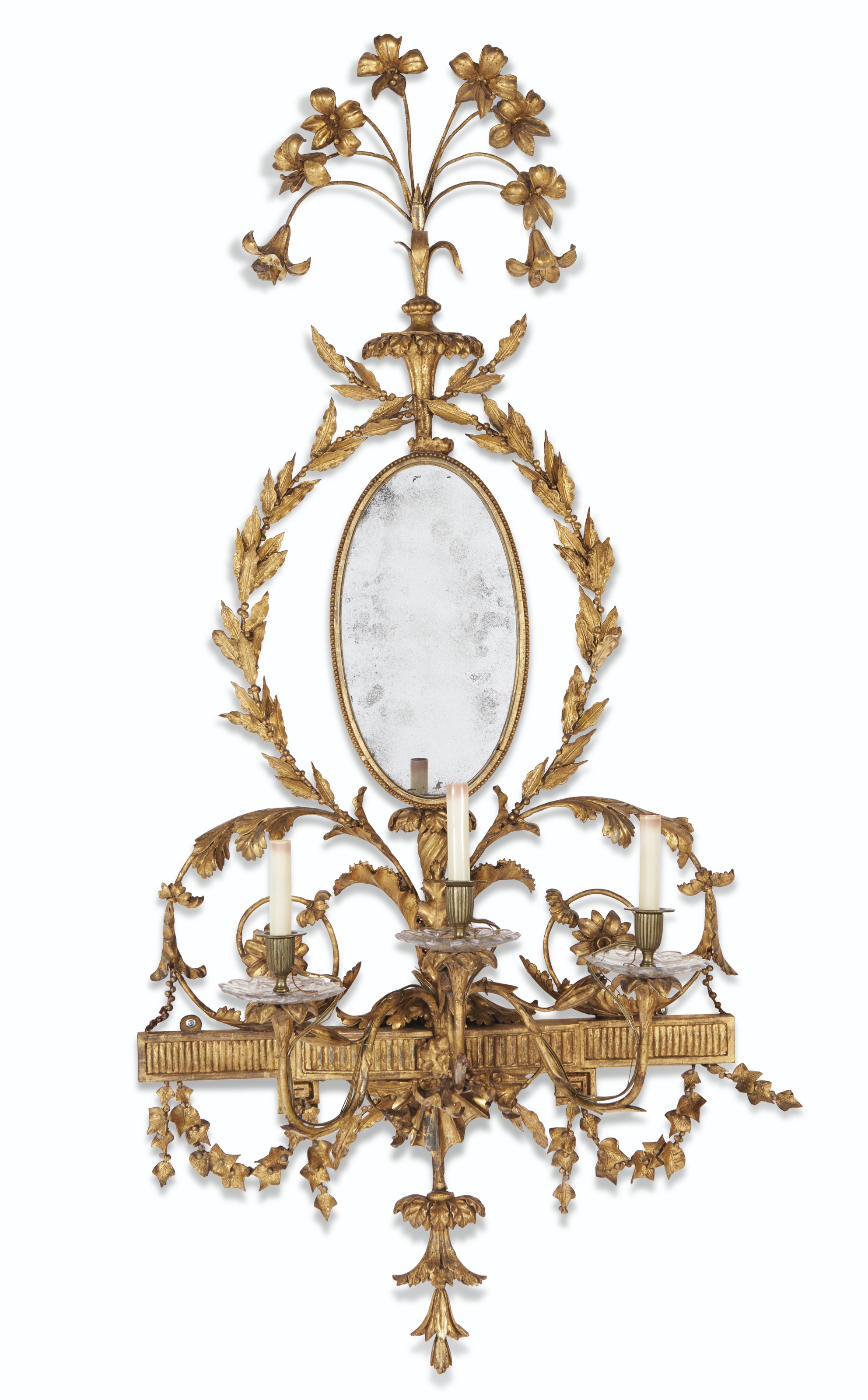 A pair of George III giltwood girandoles, c. 1775. 55&frac12; (141 cm) high; 26&frac14; (67 cm) wide. Sold for $37,500 on 30 March 2021 at Christie&rsquo;s in New York
