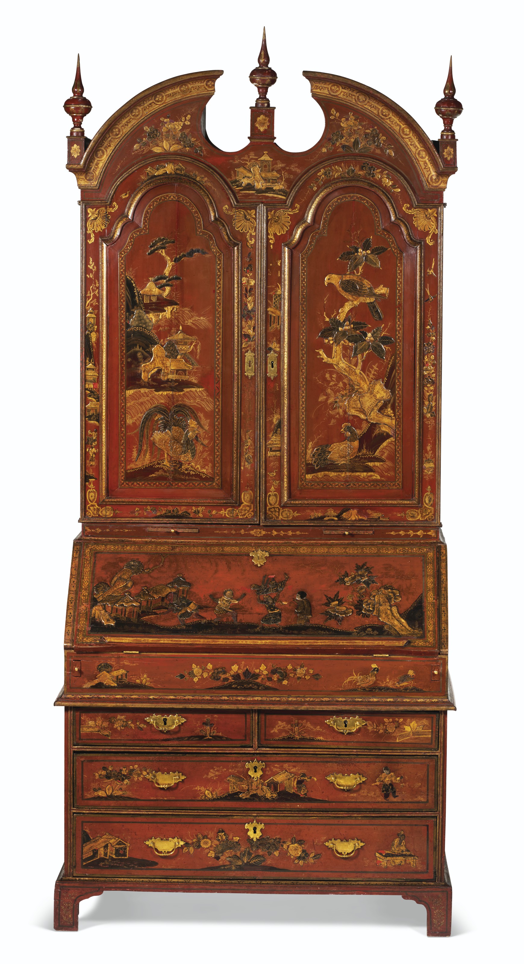 A GEORGE I SCARLET, GILT AND BLACK JAPANNED BUREAU CABINET
