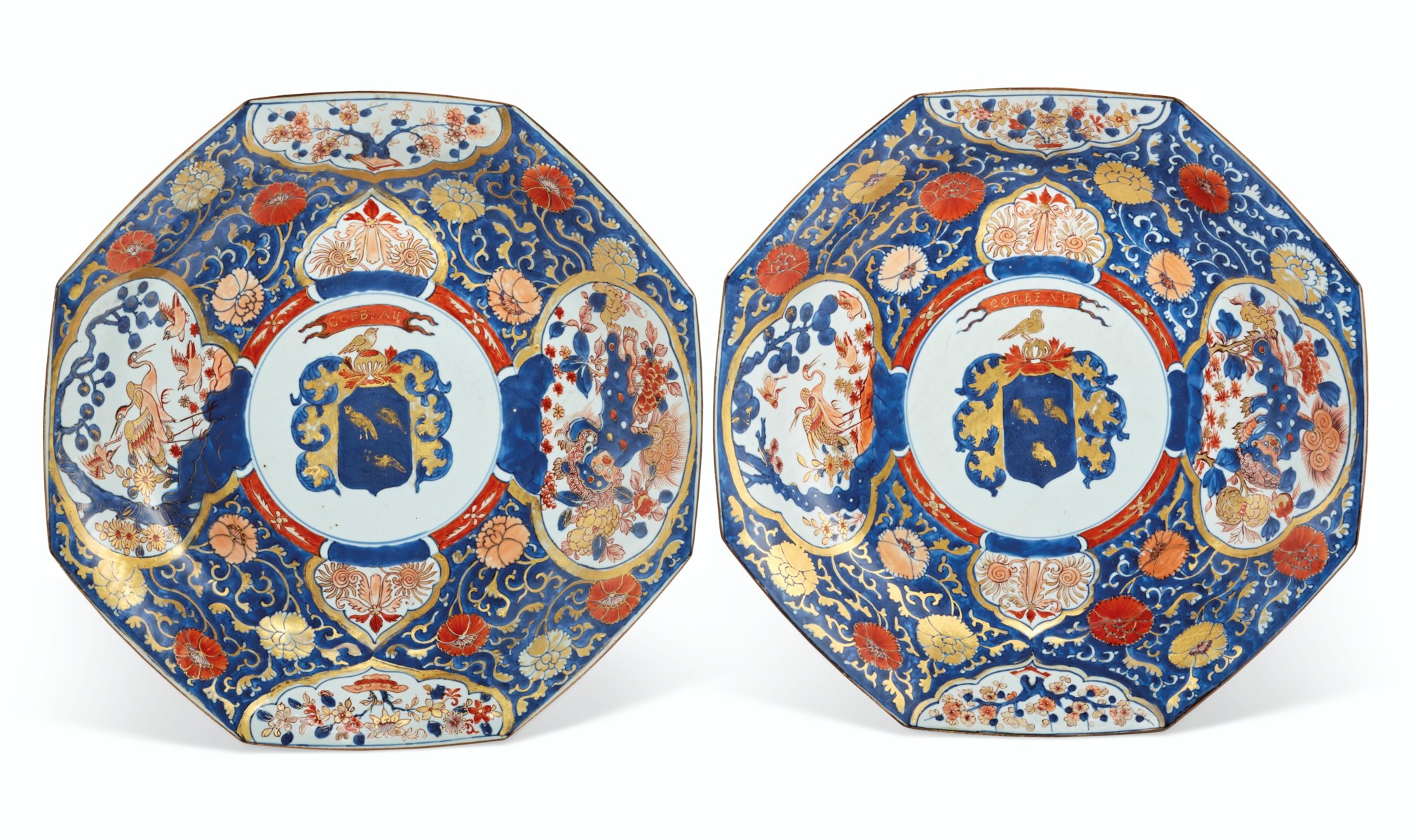 A LARGE PAIR OF CHINESE IMARI PORCELAIN FRENCH MARKET ARMORIAL