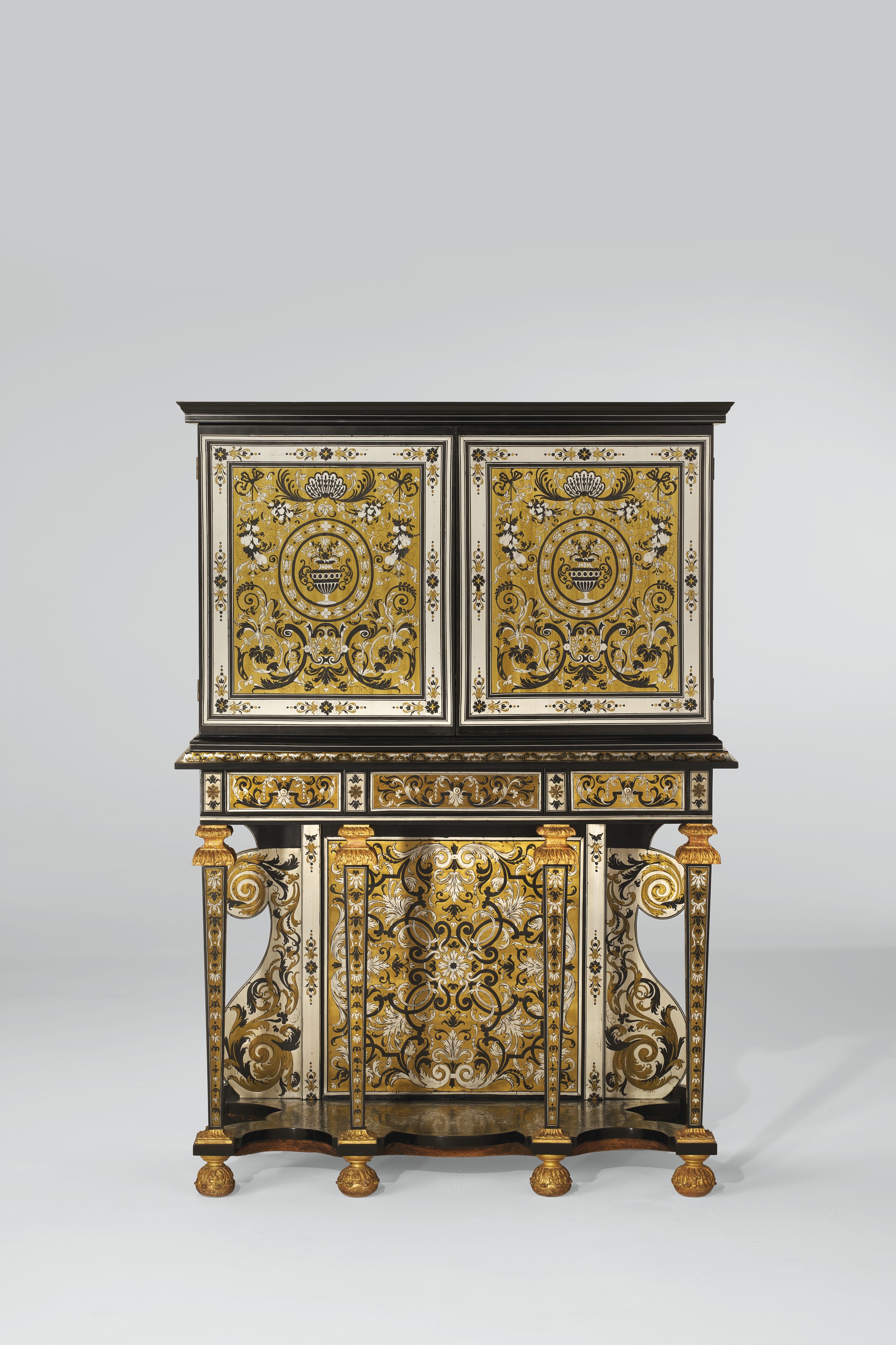 A LOUIS XIV PEWTER AND BRASS-INLAID EBONY, PARCEL-GILT AND BOULL