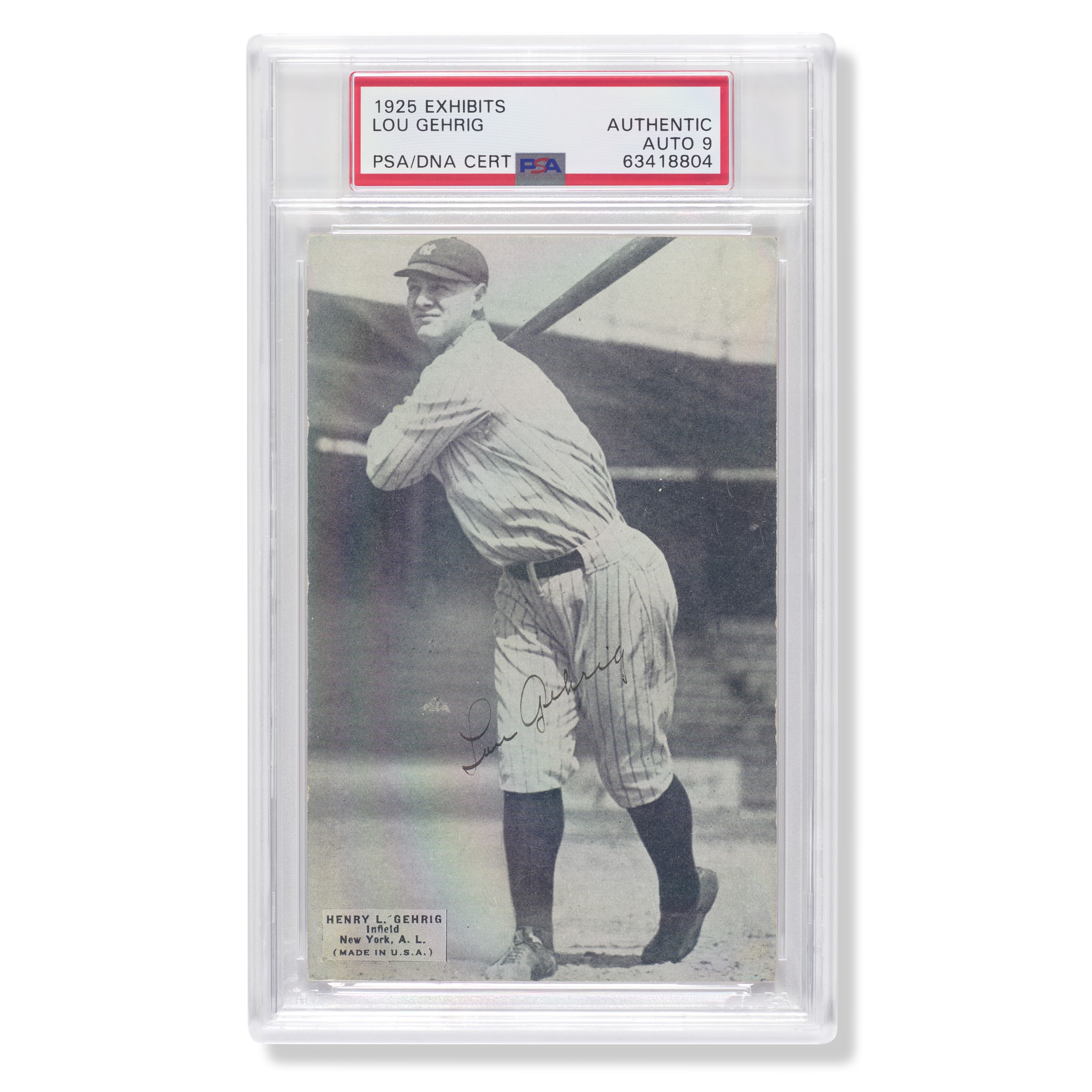 Exceedingly Scarce 1925 Lou Gehrig Autographed Rookie Exhibit Postcard  (PSA/DNA 9 MT)(Highest Graded)