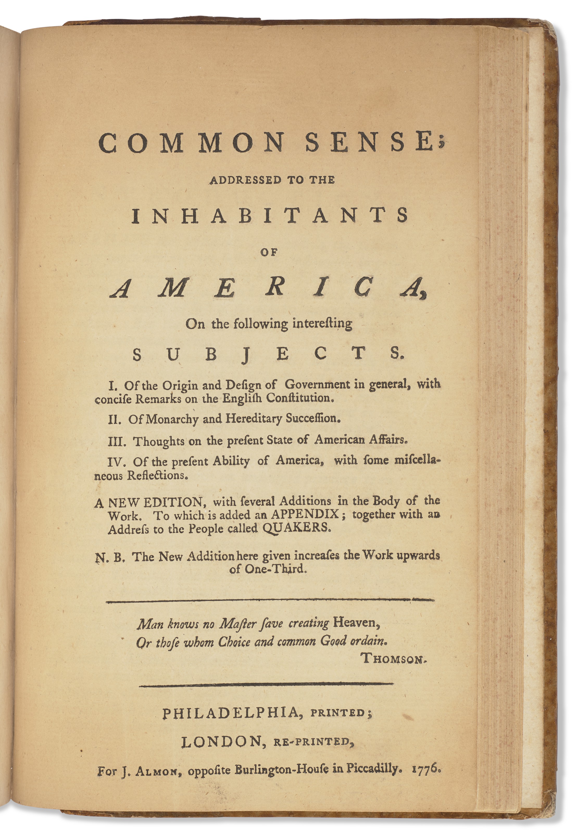 A censored London Edition Of Common Sense Thomas Paine 1776 