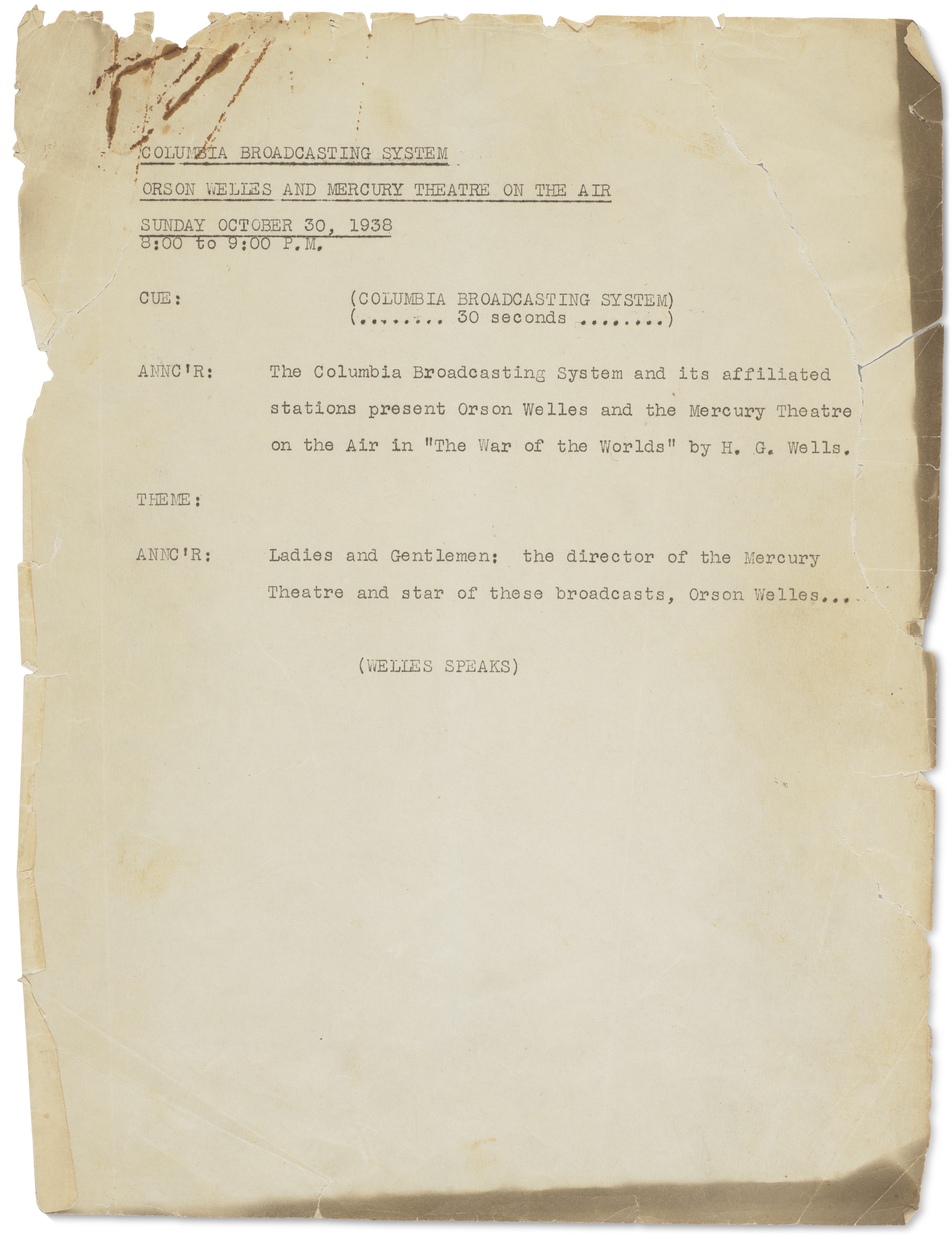 One of the most famous radio broadcasts of all time, Orson Welles, 1938