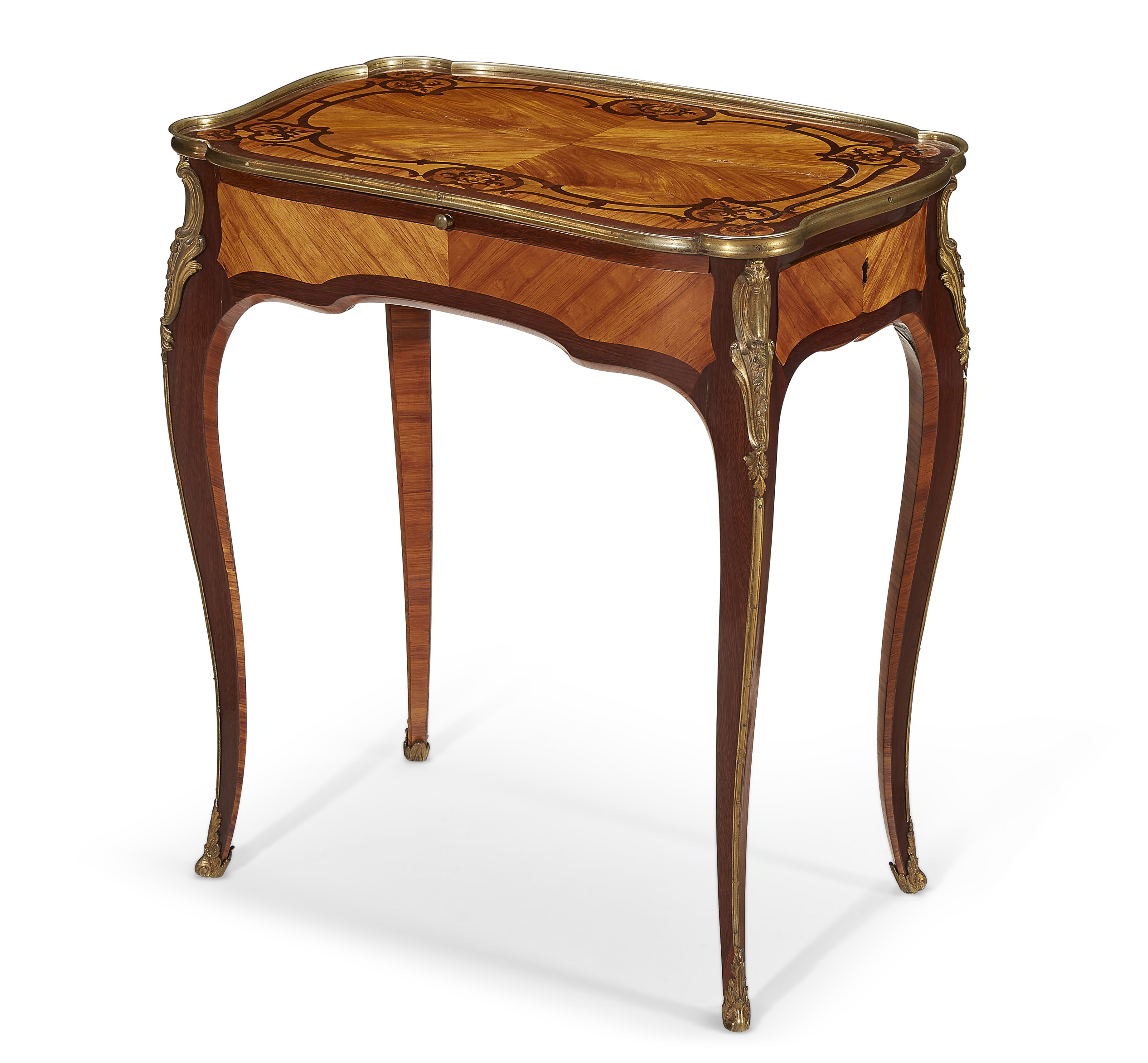 A Louis XV ormolu-mounted amaranth, bois satine, tulipwood and parquetry table a ecrire, attributed to Roger Van Der Cruse, known as LaCroix, c. 1755-60. Sold for $32,500 on 19 October 2021, Online
