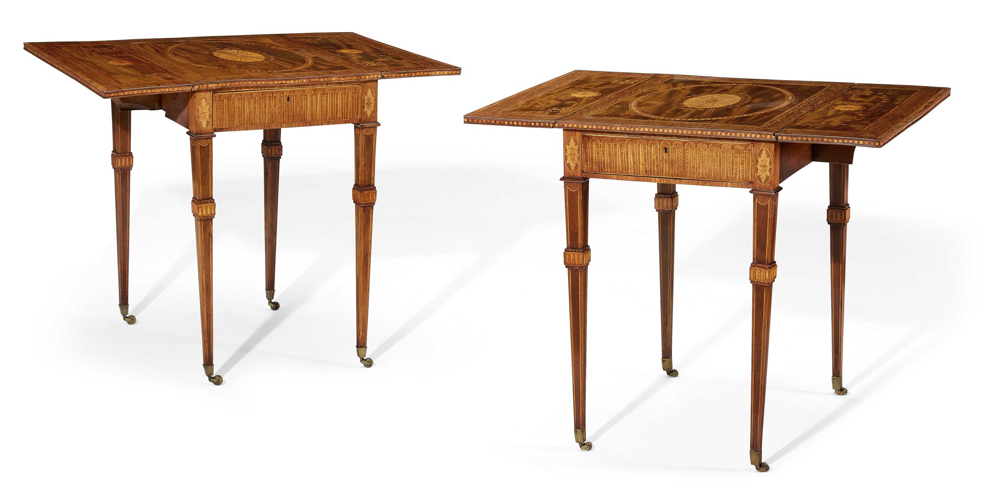 A pair of George III mahogany, tulipwood banded and marquetry Pembroke tables, c. 1775, in the manner of William and John Linnell. Sold for $56,250 on 19 October 2021, Online