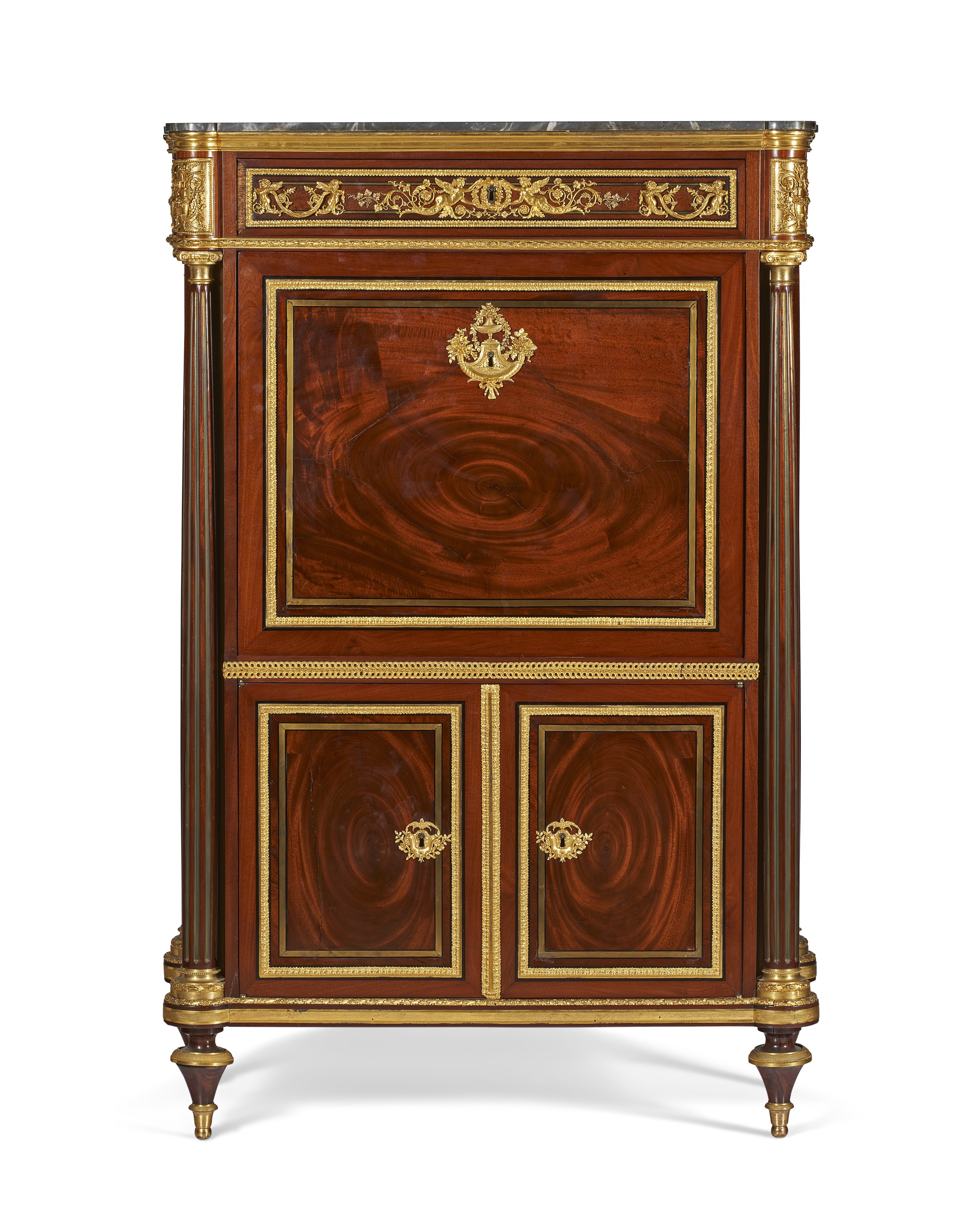 A late Louis XVI ormolu-mounted, brass and ebony-inlaid mahogany secretaire a abattant, c. 1790, attributed to Guillaume Beneman. Sold for $25,000 on 19 October 2021, Online