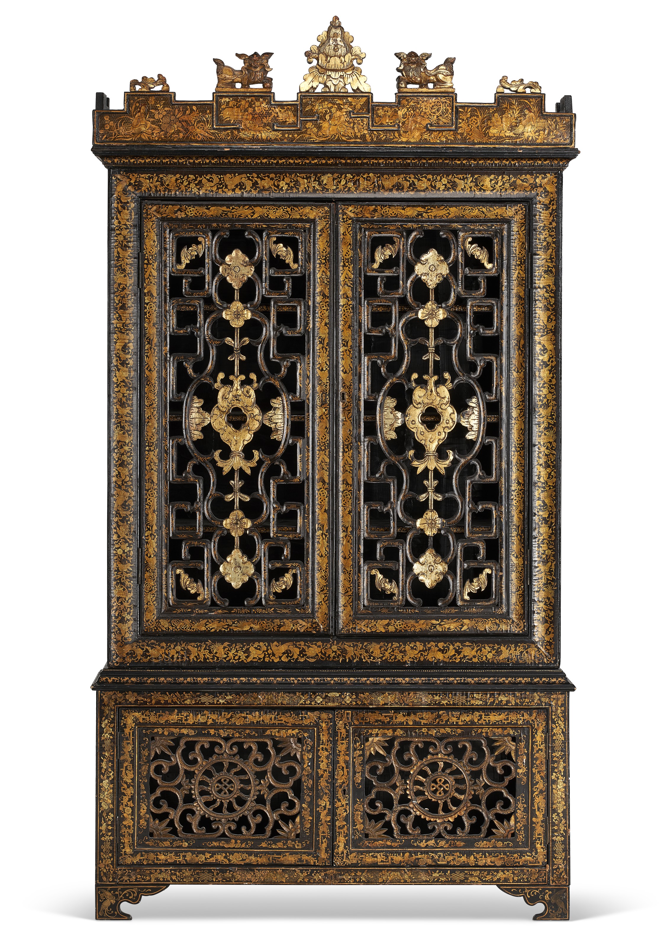 A Chinese export black and gilt-lacquer cabinet, Qing dynasty, second quarter 19th century. Sold for $8,750 on 19 October 2021, Online