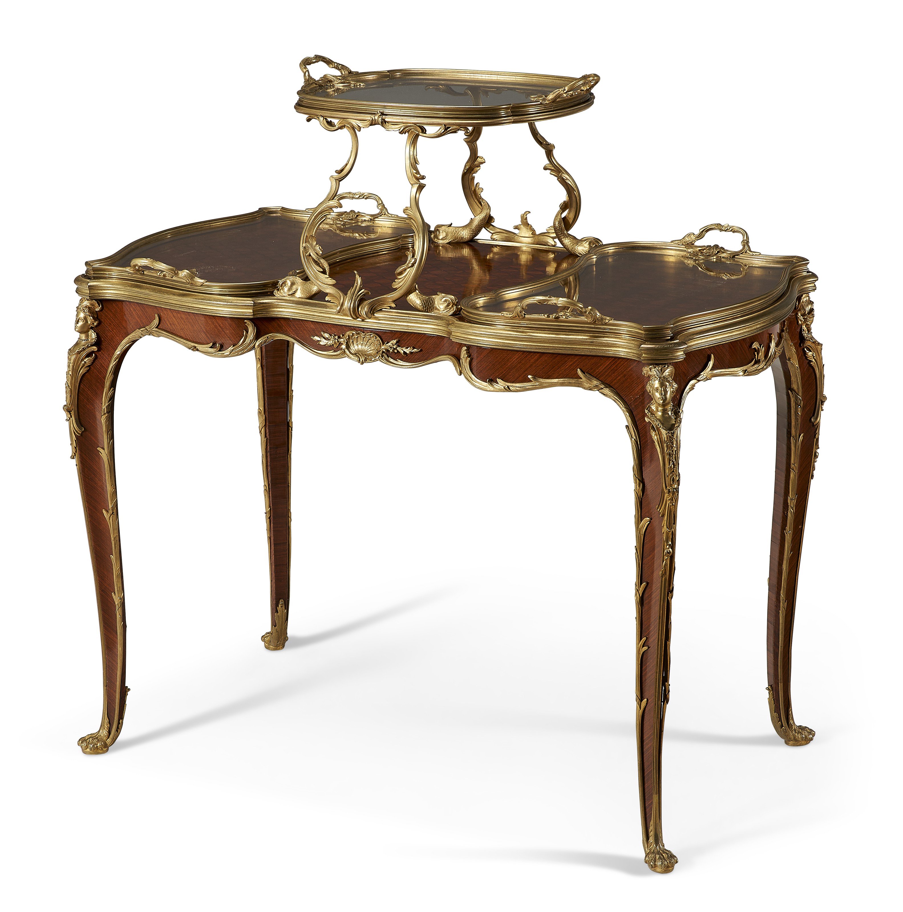 A FINE FRENCH ORMOLU-MOUNTED KINGWOOD AND SATINE PARQUETRY TEA TABLE ...