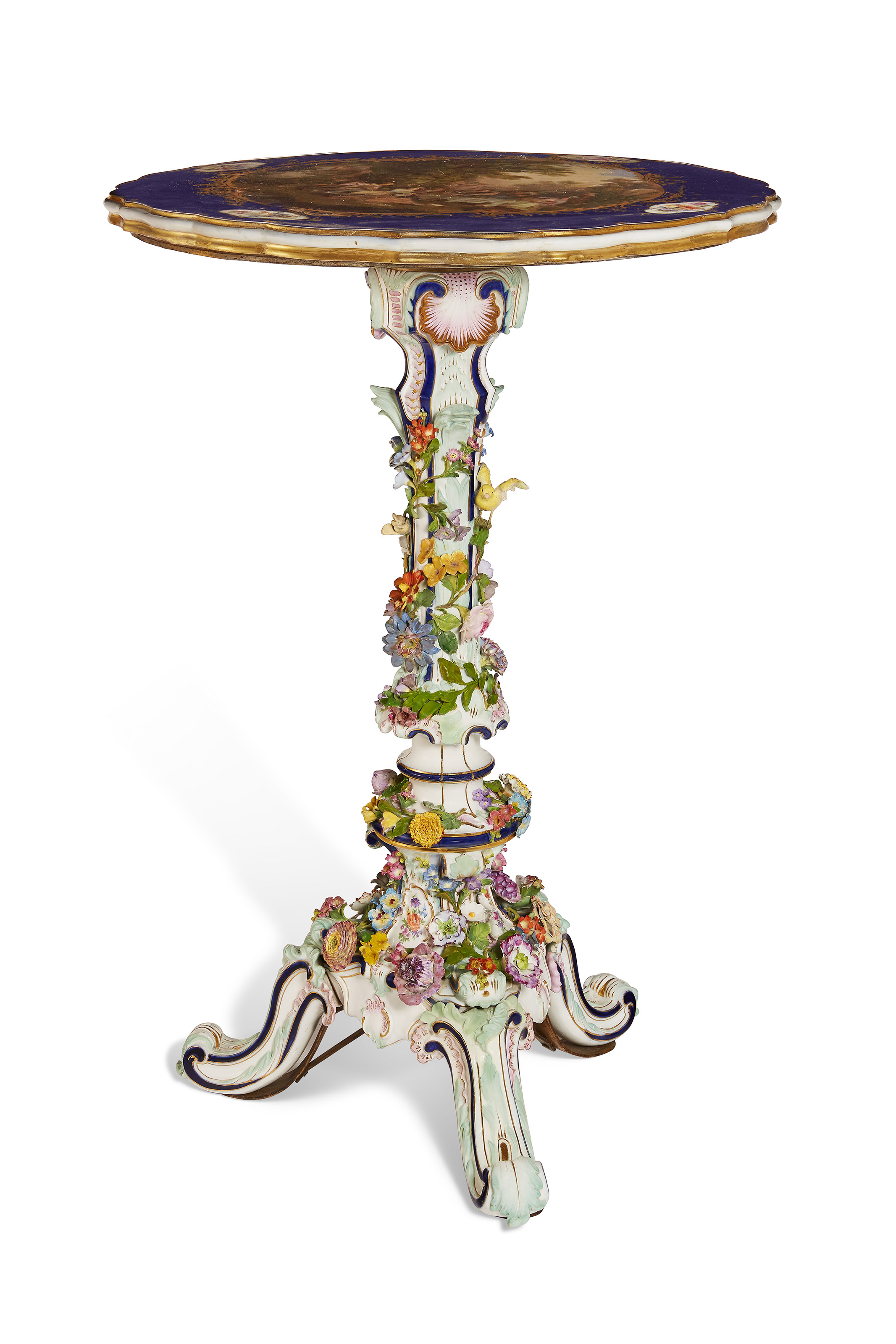 A GERMAN PORCELAIN FLOWERENCRUSTED COBALTBLUE GROUND TRIPOD TABLE