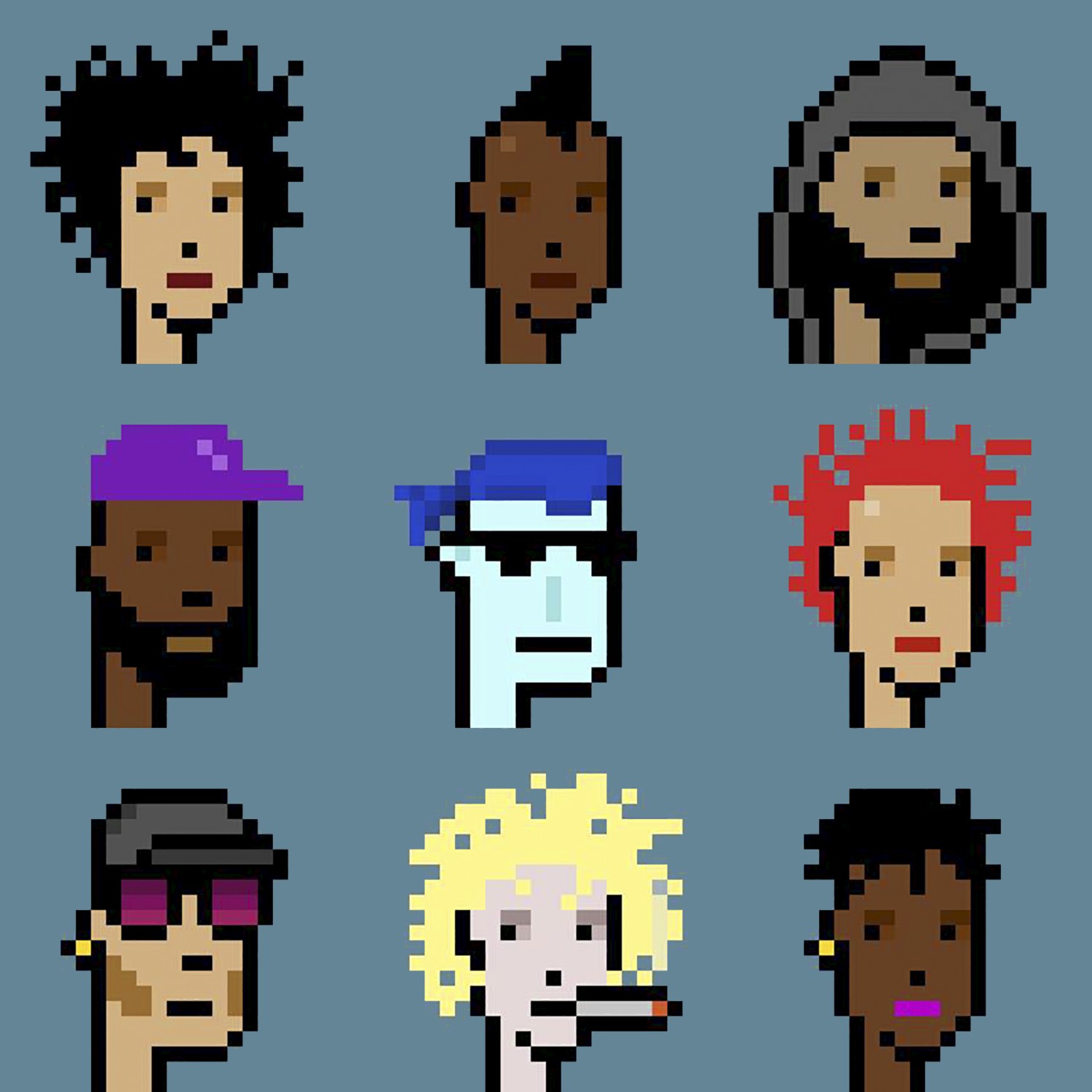 Larva Labs (est. 2005), 9 Cryptopunks: 2, 532, 58, 30, 635, 602, 768, 603 and 757, 2017. Non-fungible token (jpg). Each: 24 x 24 pixels. Minted on June 23, 2017. Sold for $16,962,500 in 21st Century Evening Sale&nbsp;on 10 May 2021 at Christie&rsquo;s in New York. Courtesy of Yunga Labs