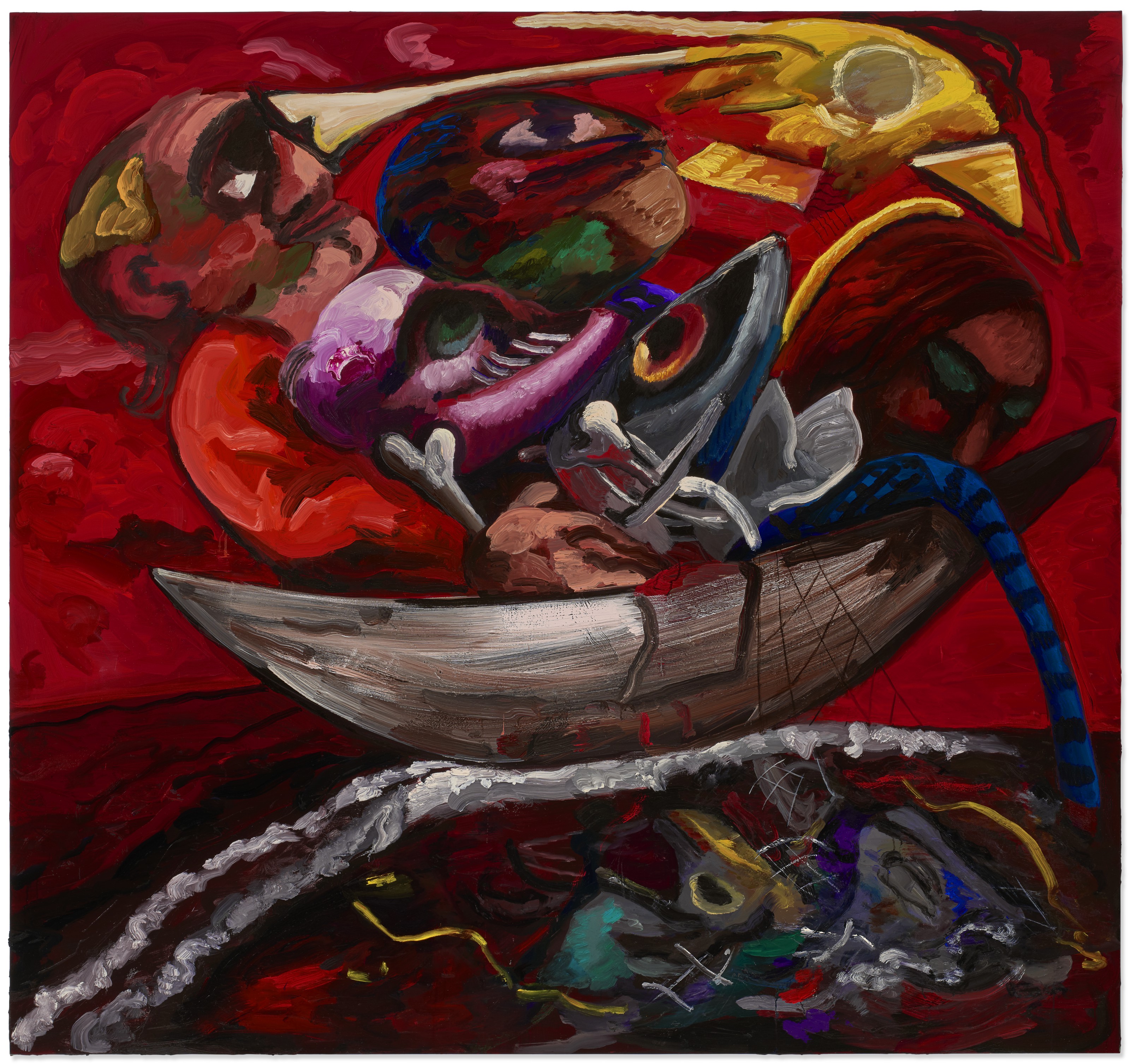 Dana Schutz (b. 1976), The Fishermen, 2021. Oil on canvas. 90 x 96  in (228.6 x 243.8  cm). Sold for $2,970,000 on 11 May 2021 at Christie&rsquo;s in New York. Artwork: © Dana Schutz