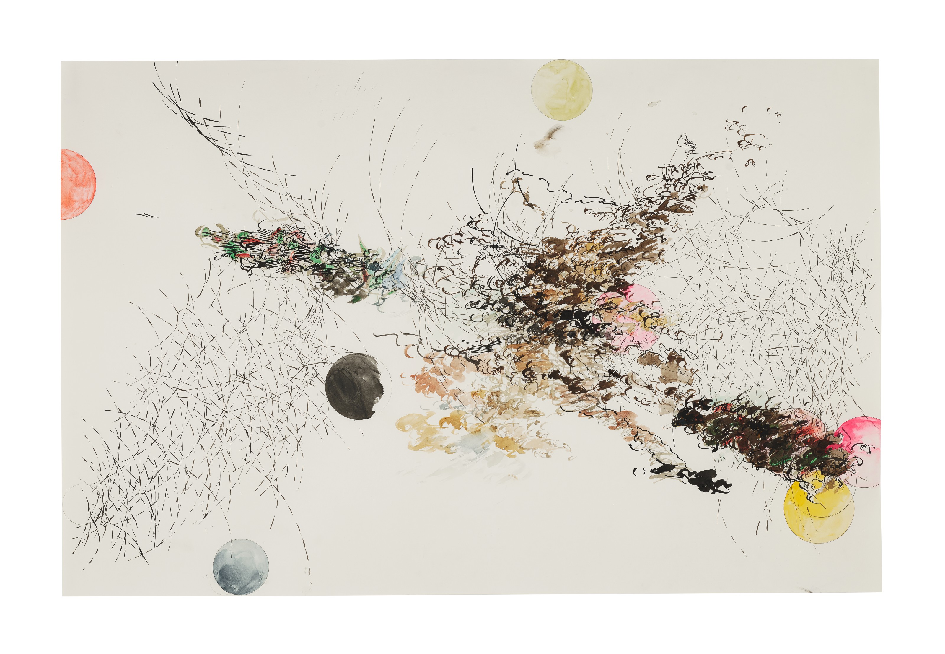 Julie Mehretu (b. 1970), Untitled, 2006.&nbsp;Graphite, watercolor and ink on paper. 26 x 40 in (66 x 101.6 cm). Estimate: $120,000-180,000. Offered in&nbsp;Post-War to Present on 1 October 2021 at Christie&rsquo;s in New York
