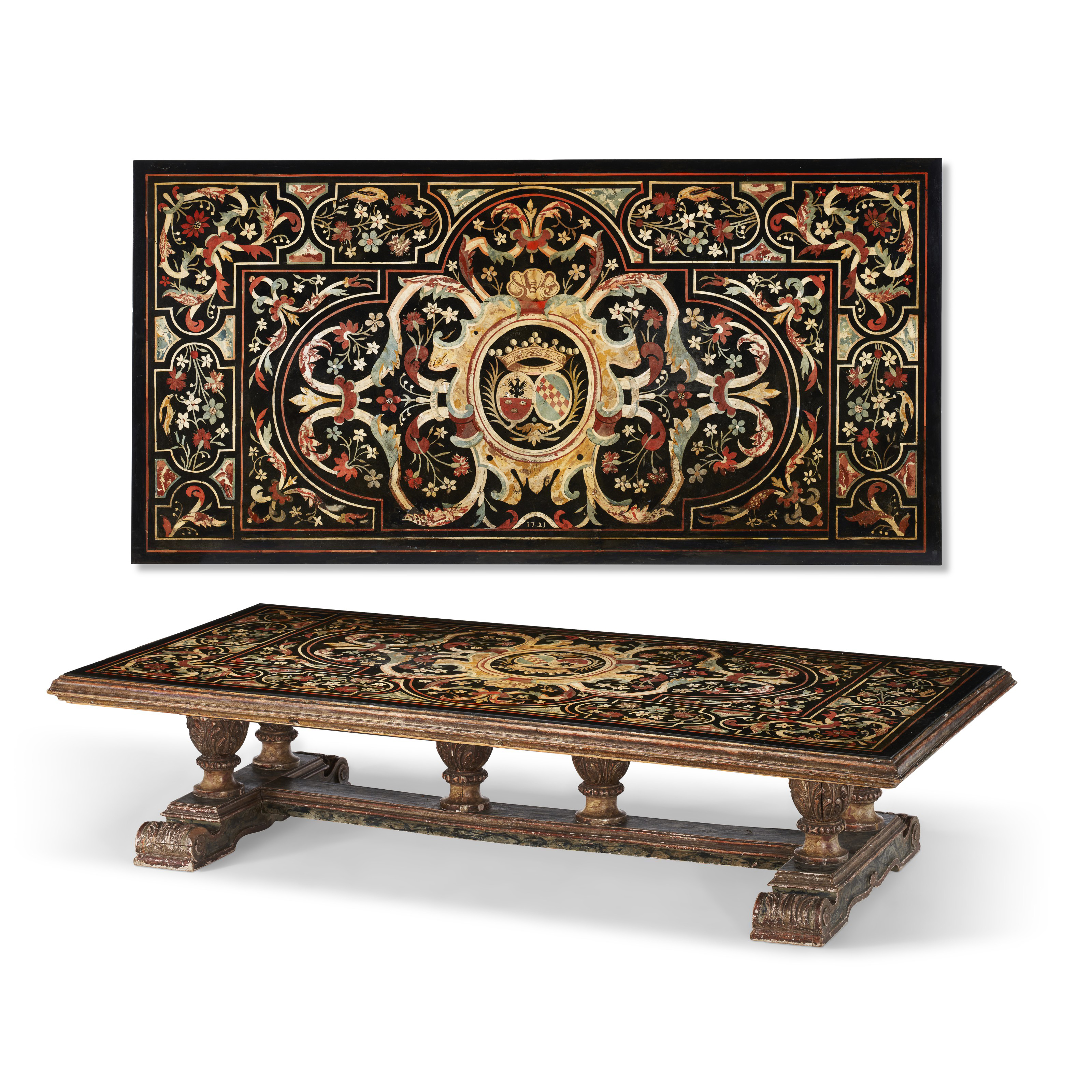 AN ITALIAN SCAGLIOLA PANEL, DATED 1723, NOW RE-LAID AND FITTED AS 